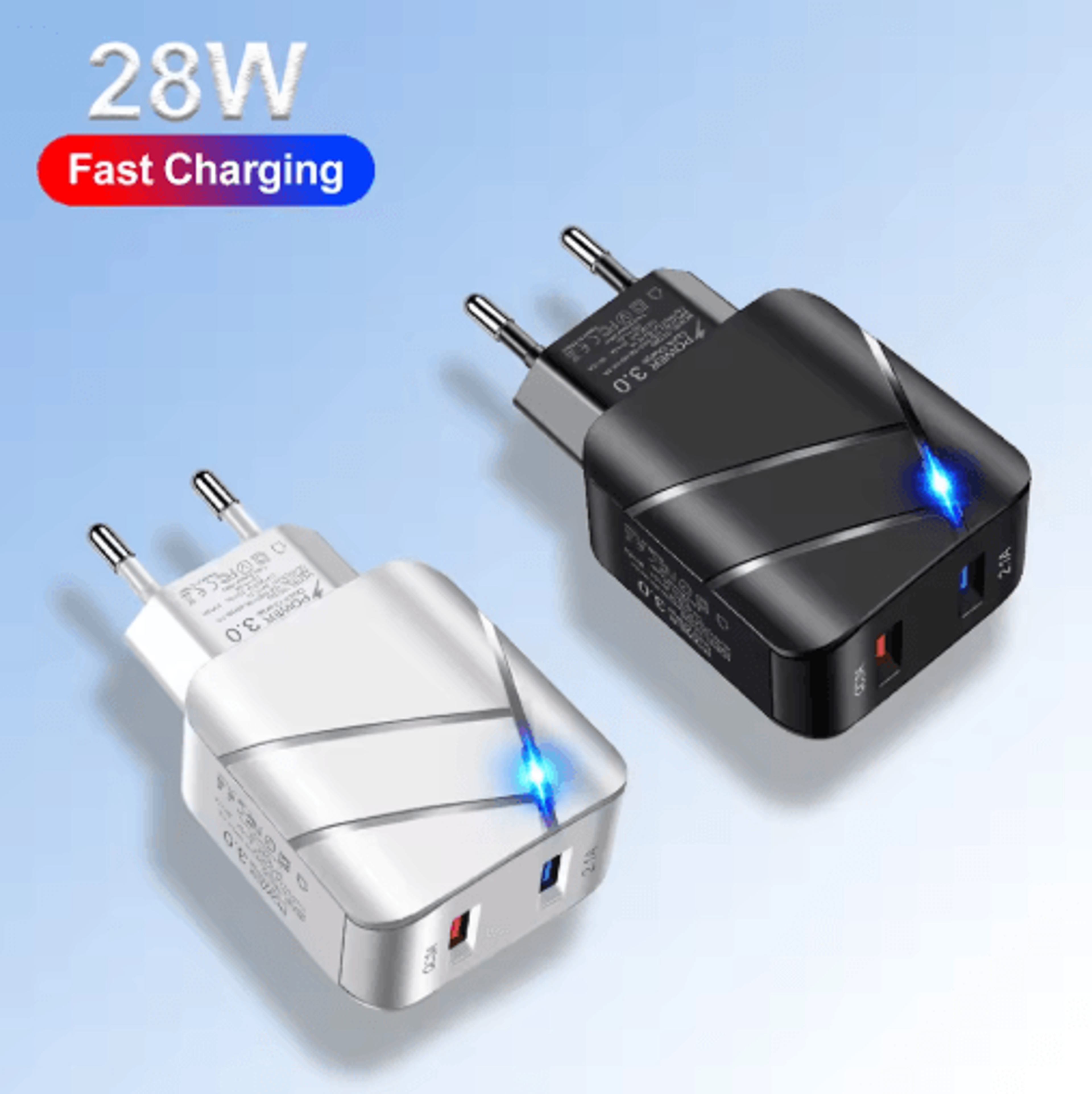 28W Dual USB QC30 Fast Charger With LED Light EU Plug 0