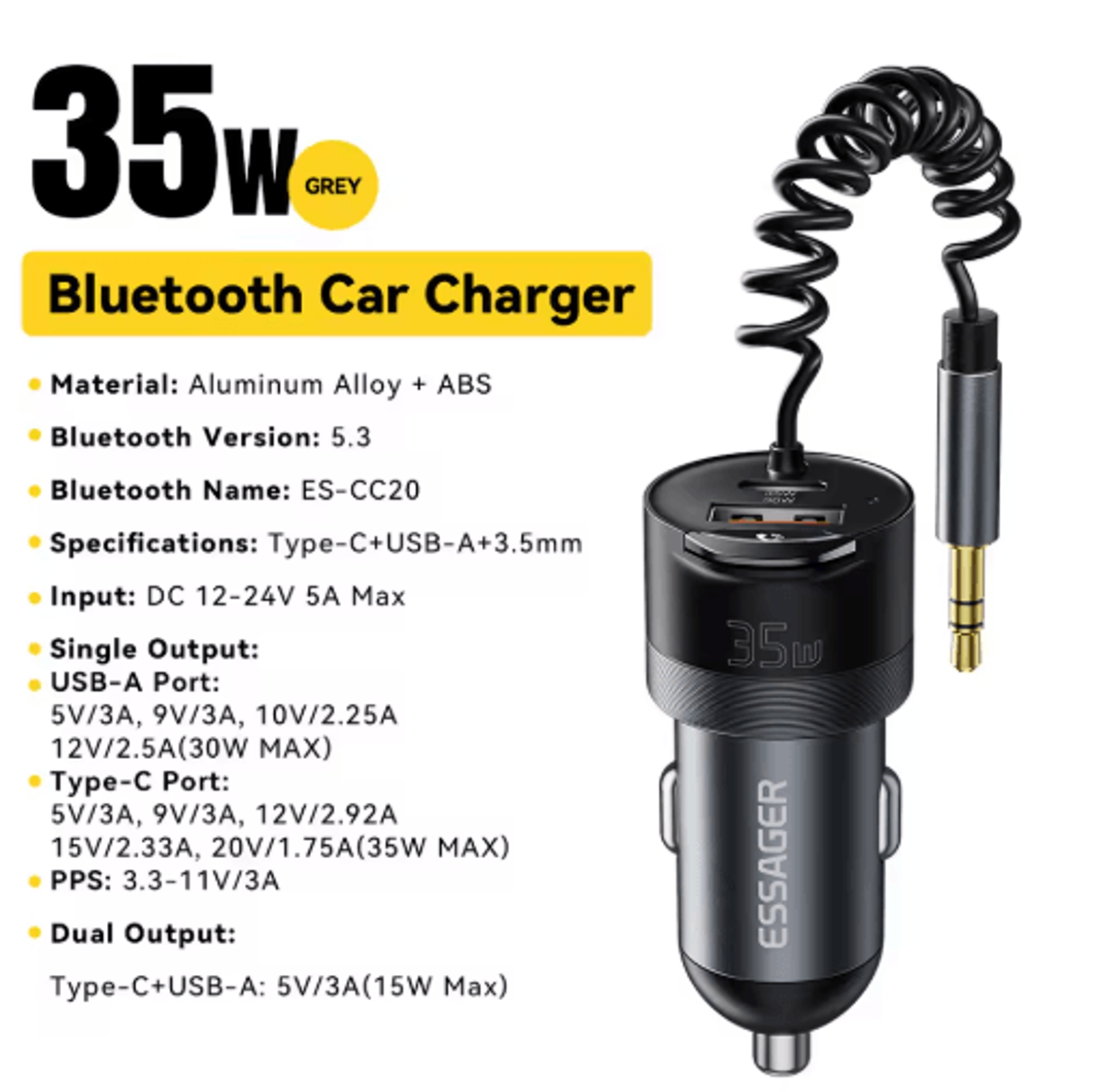 Essager Bluetooth 5 3 Car Adapter  Fast Car Charger With 35mm AUX Bluetooth Adapter For Hands Free  1