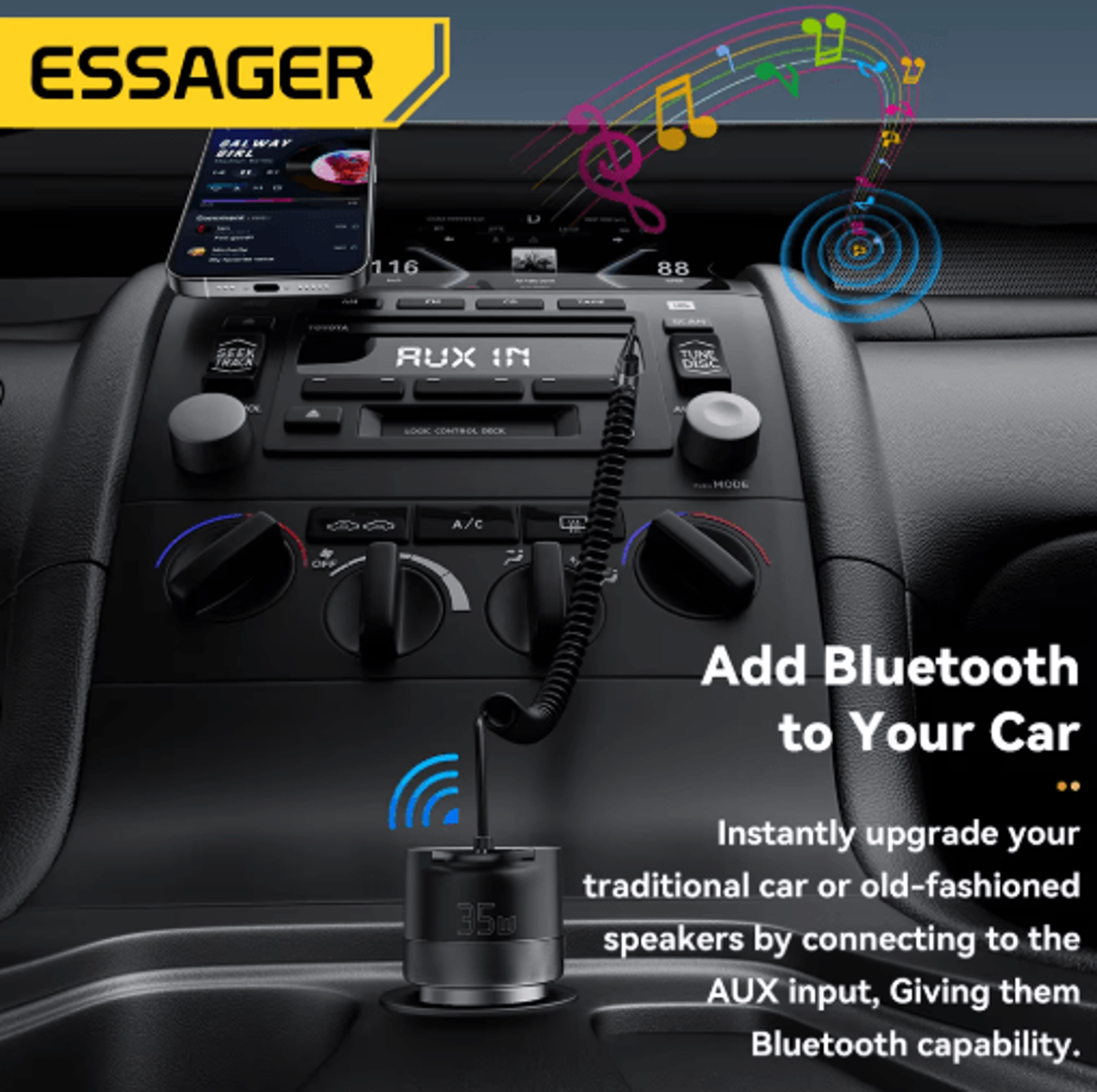Essager Bluetooth 5 3 Car Adapter  Fast Car Charger With 35mm AUX Bluetooth Adapter For Hands Free  5