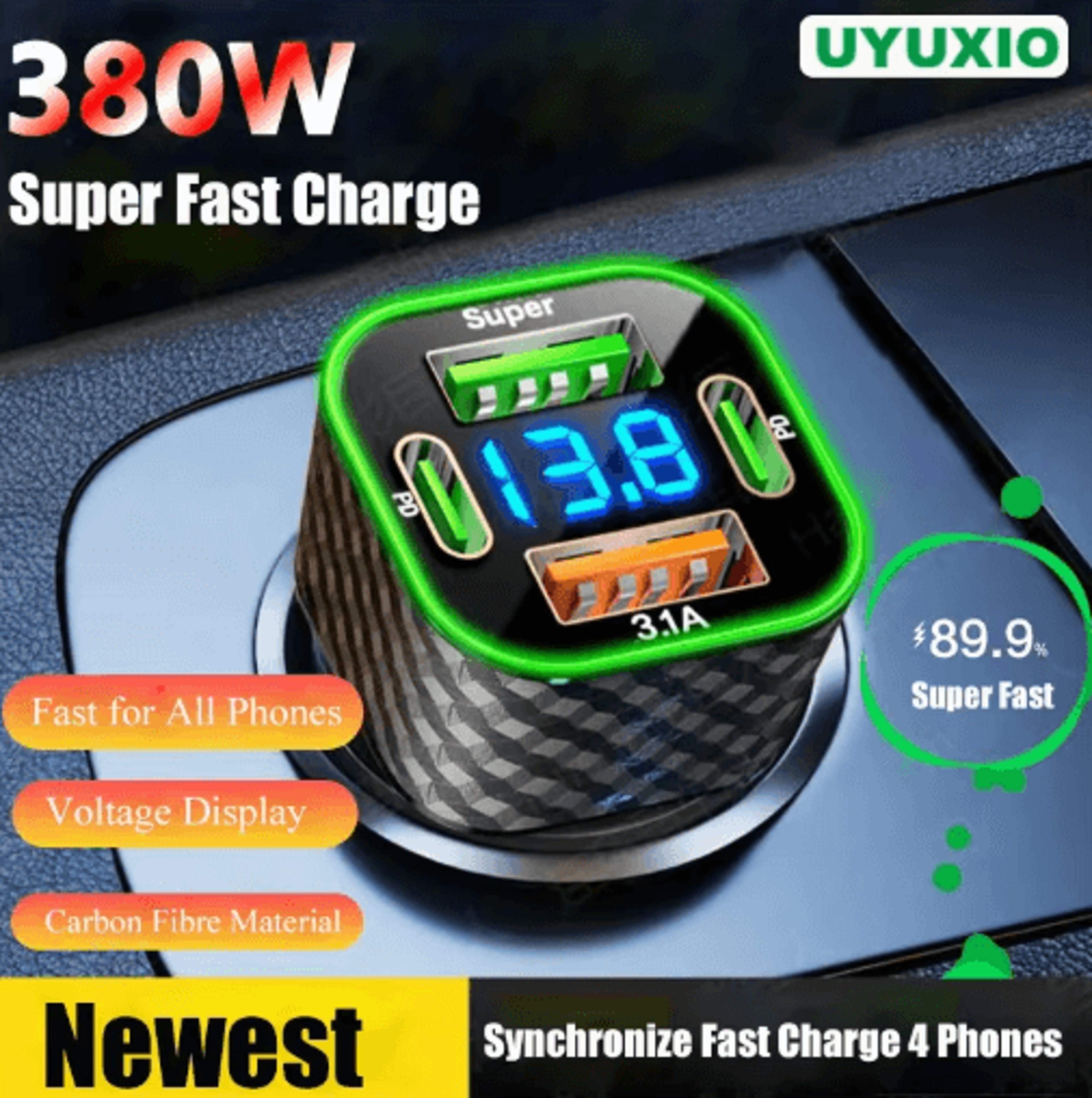 UYUXIO Dual PD Super Fast USBC Car Charger With Voltage Display  4in1 Power Adapter For IPhone  And 0