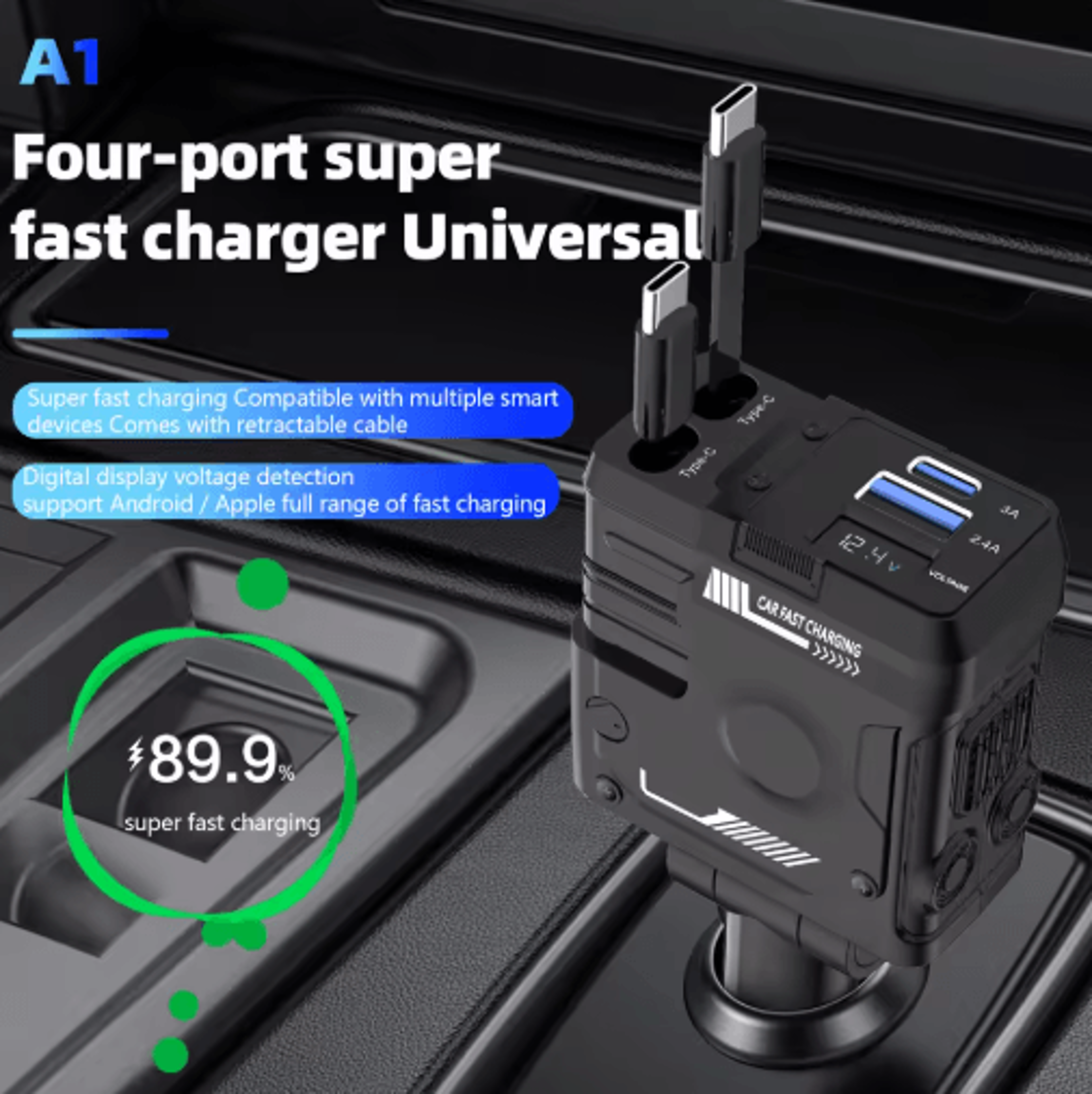 Retractable 4in1 Fast Charging Car Charging Cable  Adapter Universal MultiDevice Power Solution 1