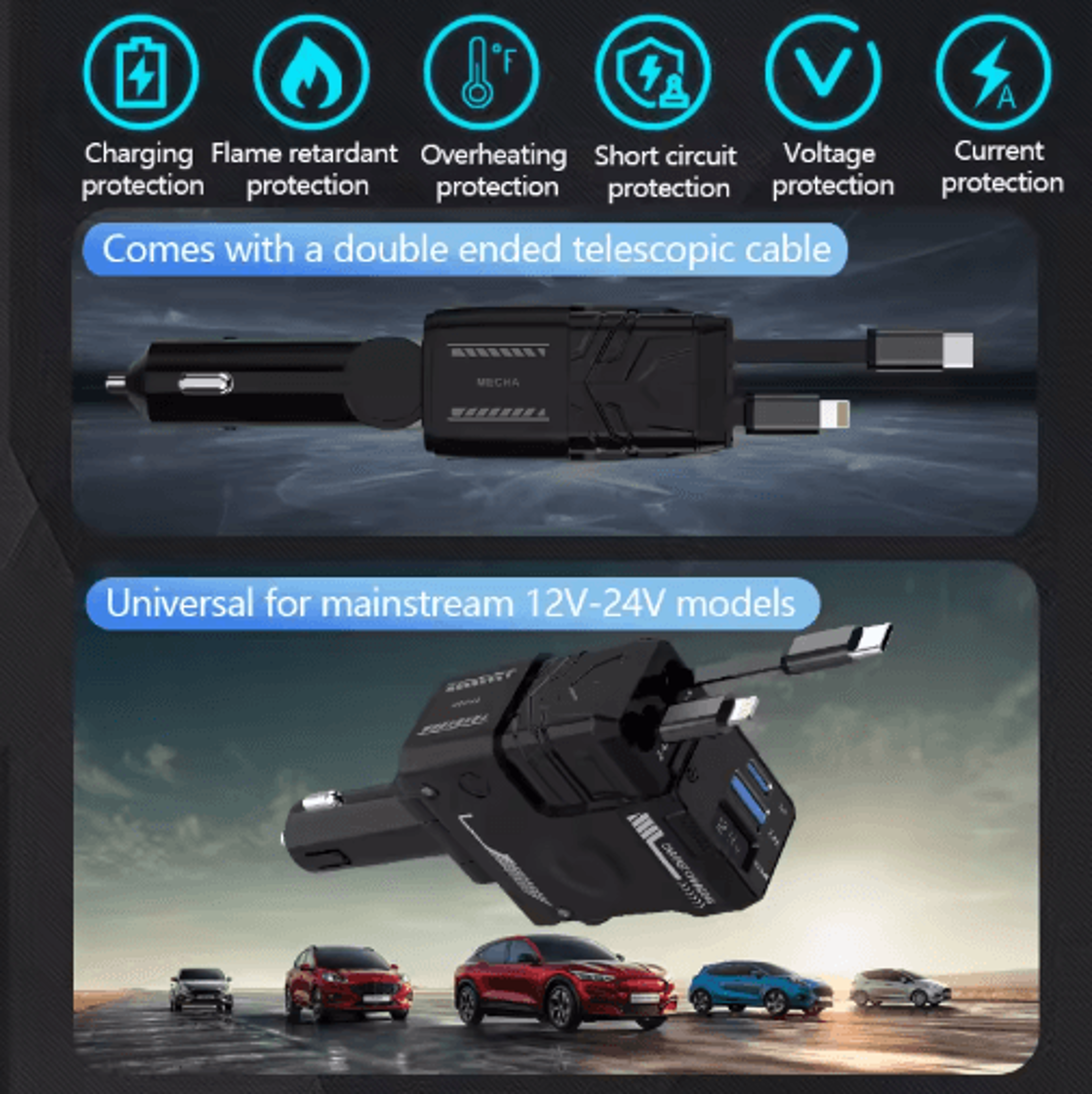 Retractable 4in1 Fast Charging Car Charging Cable  Adapter Universal MultiDevice Power Solution 4