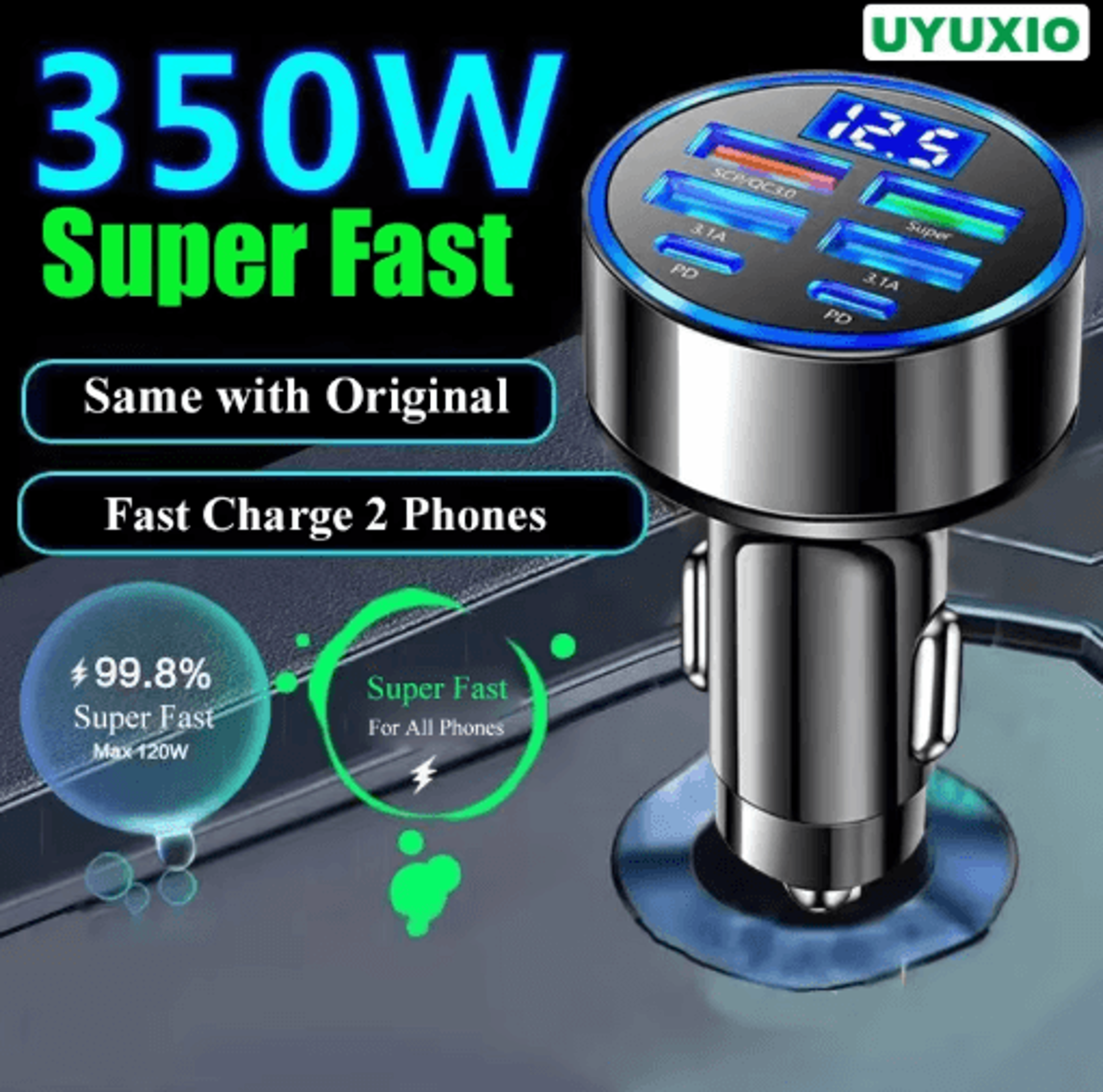 UYUXIO 6in1 Super Fast USBC Car Charger With Voltage Display PD Power Adapter For IPhone  Android 0