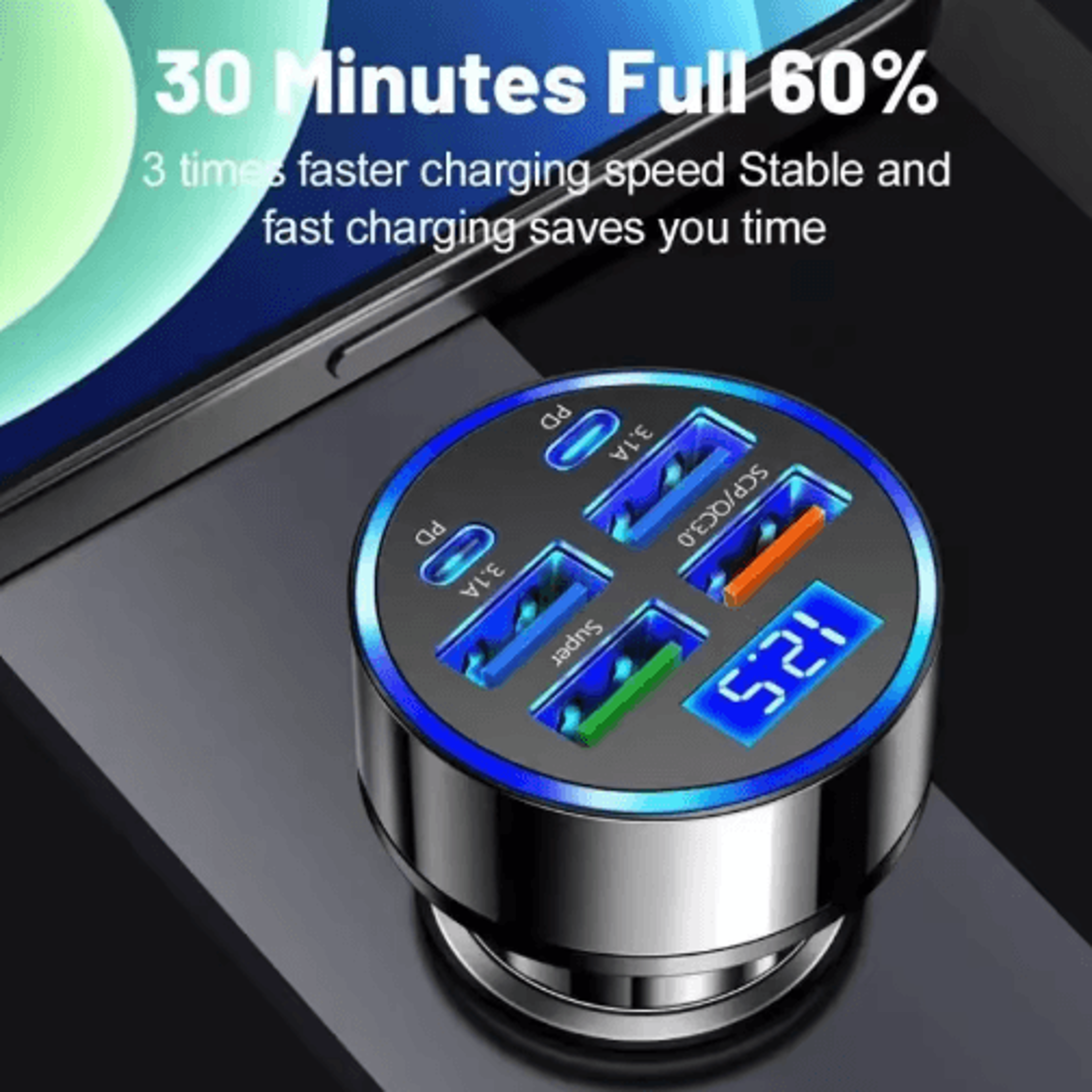 UYUXIO 6in1 USBC Car Charger With Voltage Display  Super Fast PD Charging Adapter 2