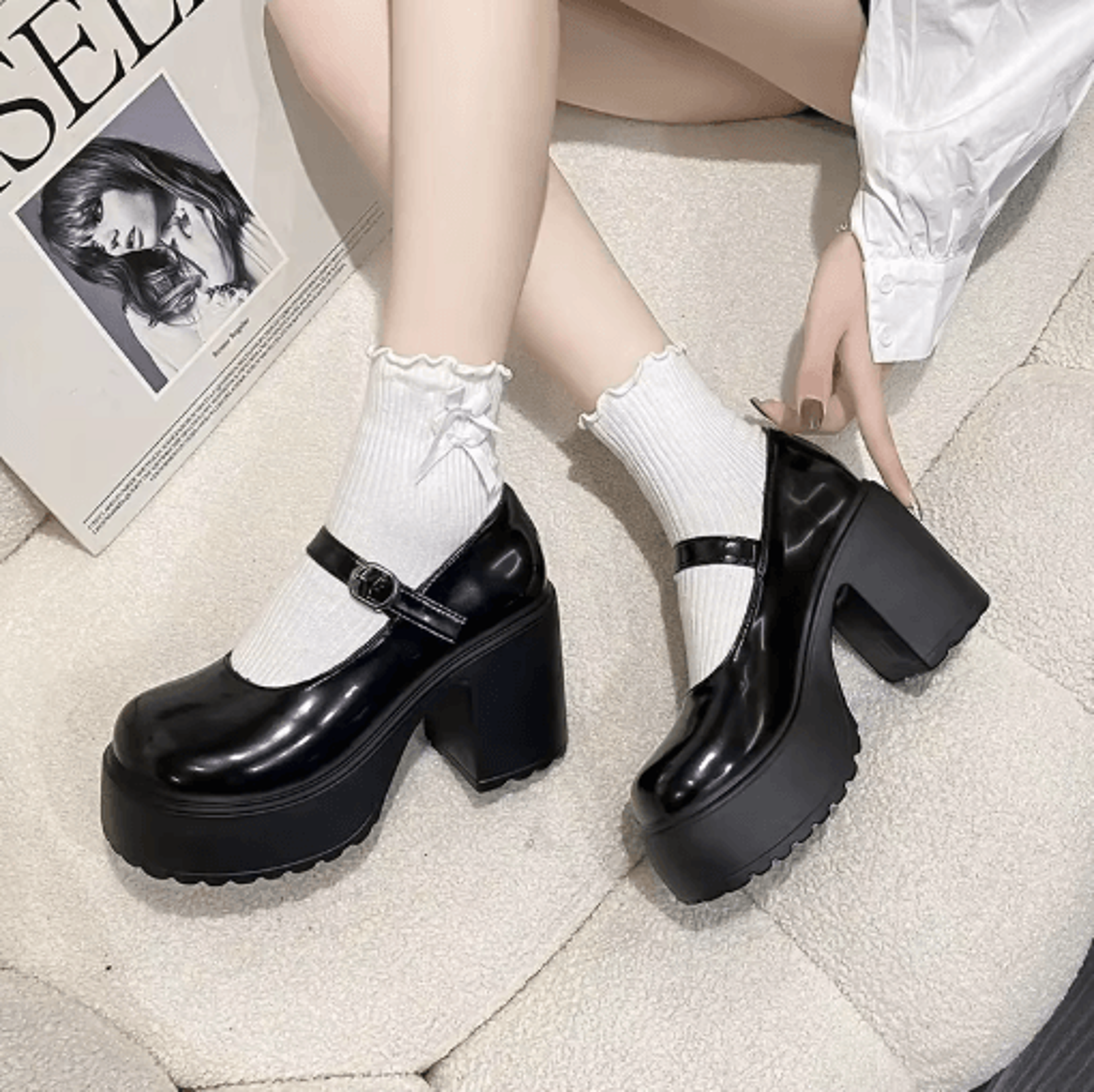 Black Goth Chunky Platform Mary Jane Heels With Ankle Buckle Plus Size 42 0