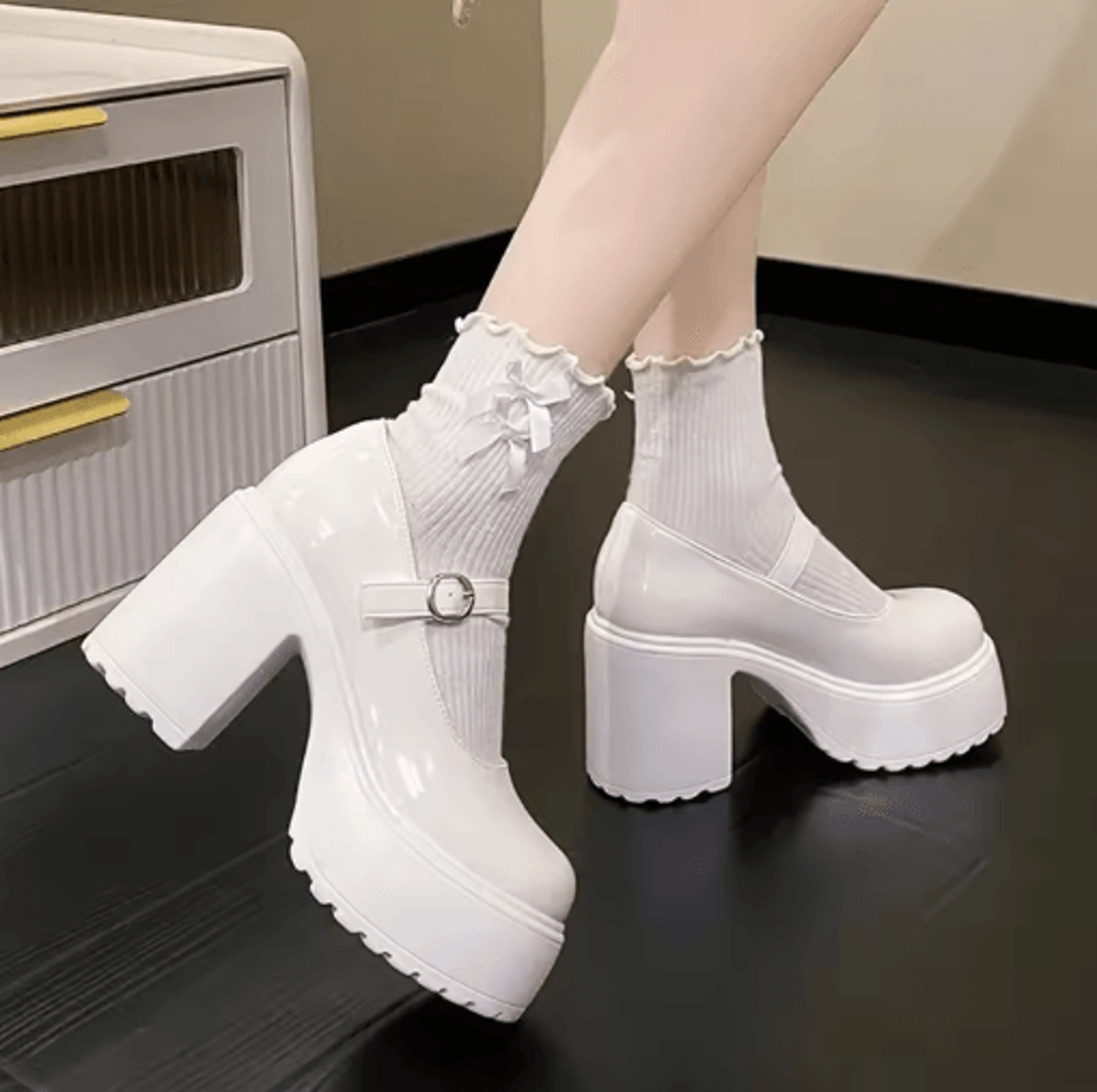 Black Goth Chunky Platform Mary Jane Heels With Ankle Buckle Plus Size 42 9