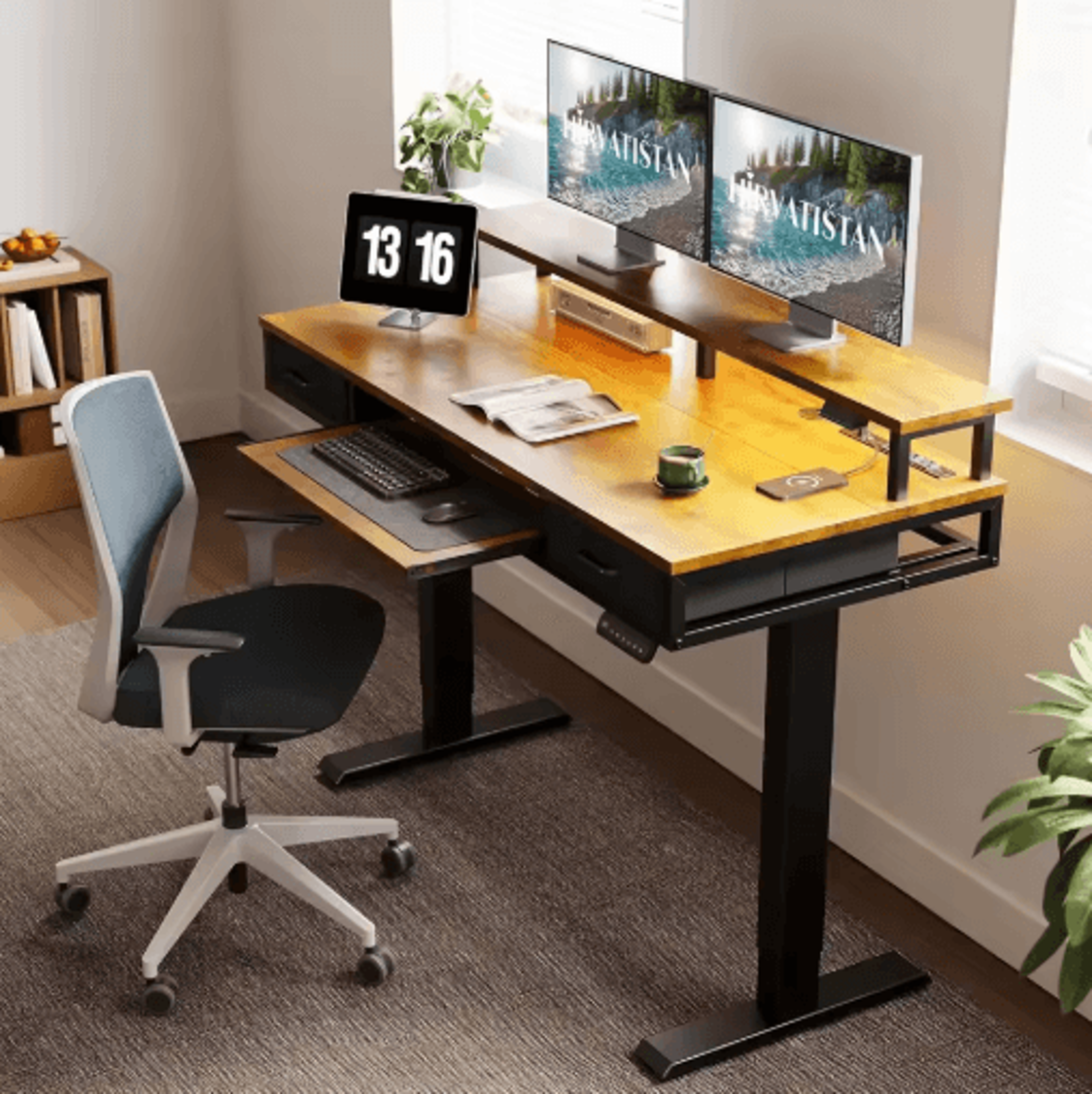 Mid Century Modern Electric Sit Stand Desk With Storage 55 Inch Adjustable Height 5