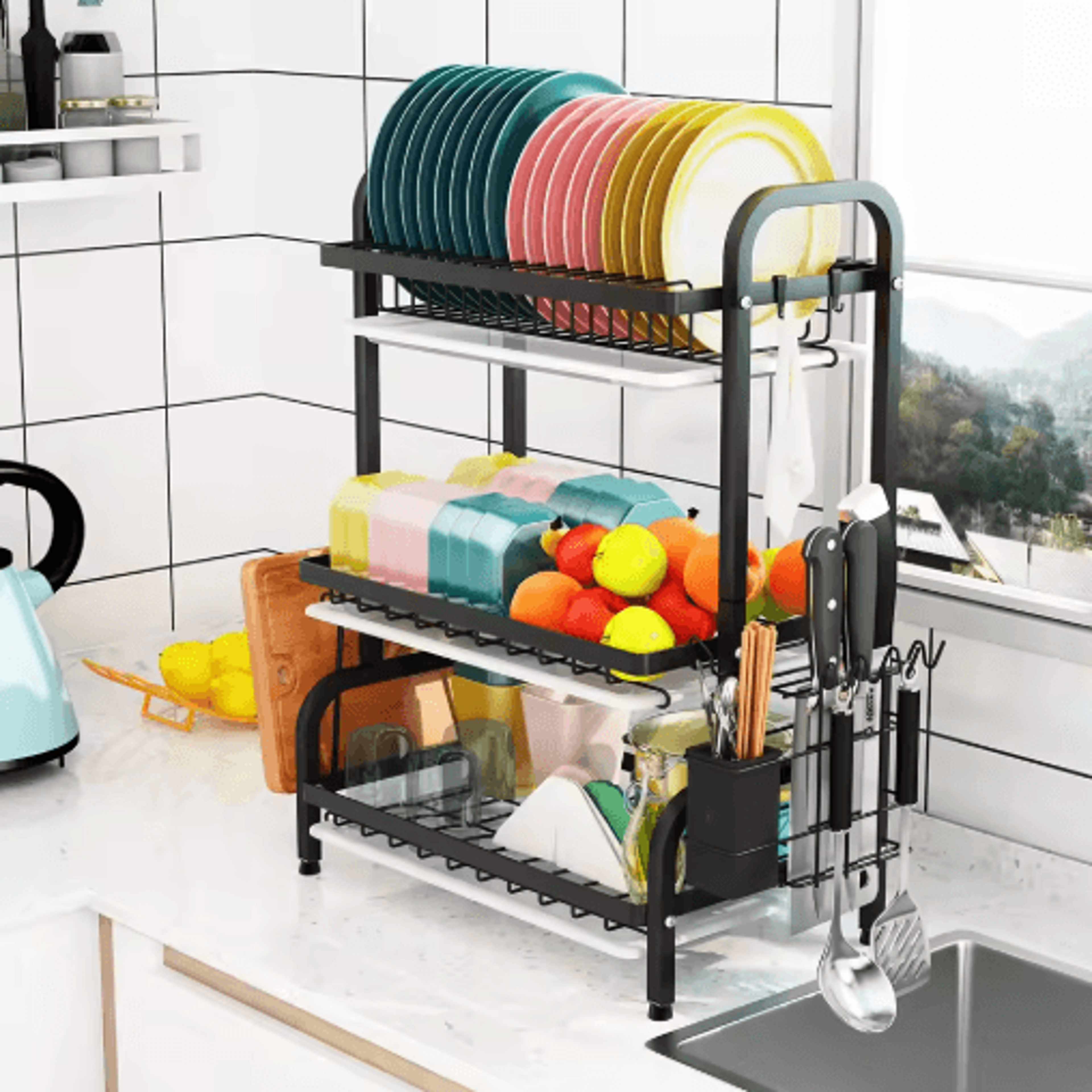 3 Tier Dish Drying Rack With Drainboard Tray  Utensil Holder Kitchen Counter Organizer 2
