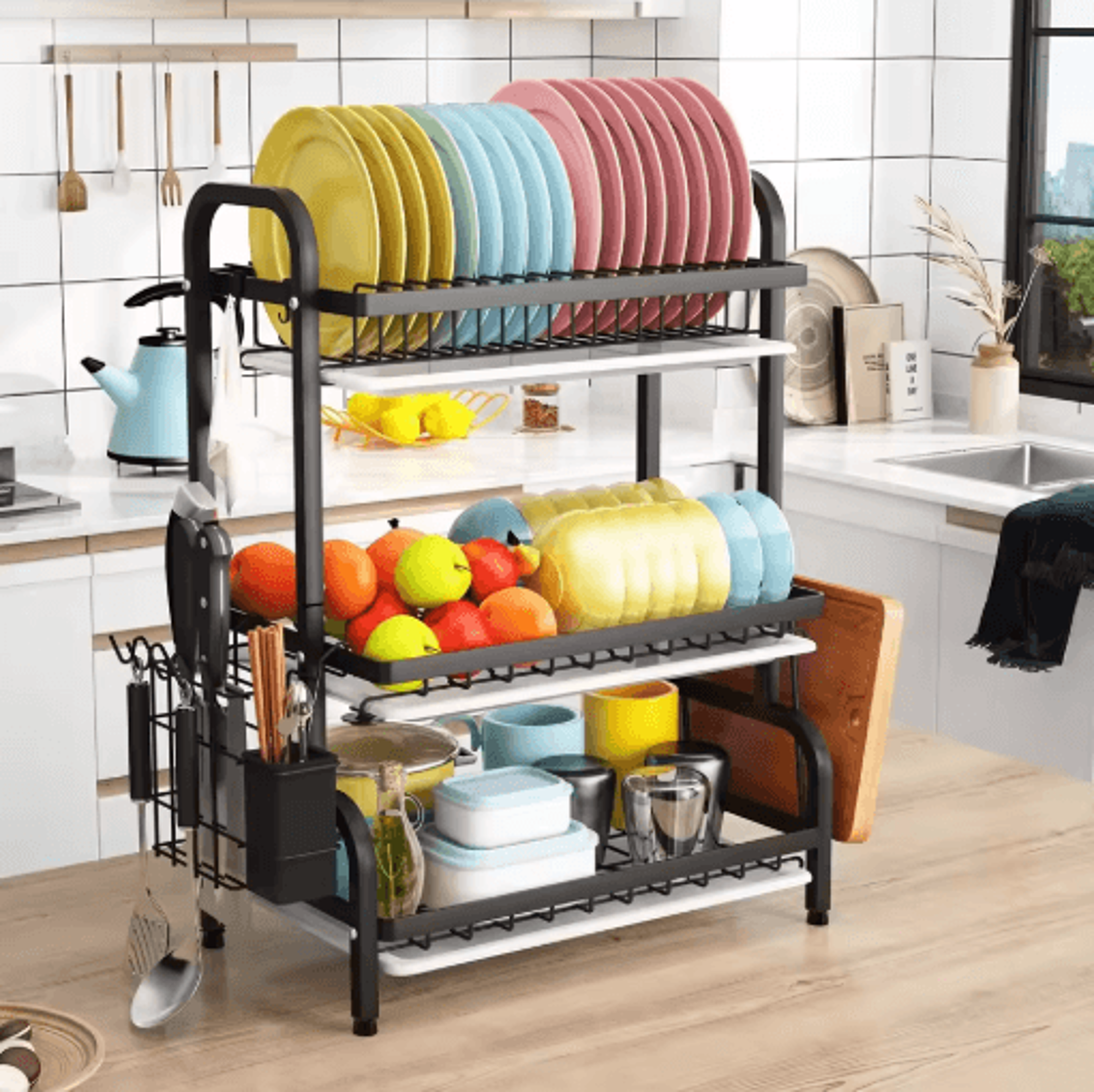 3 Tier Dish Drying Rack With Drainboard Tray  Utensil Holder Kitchen Counter Organizer 0