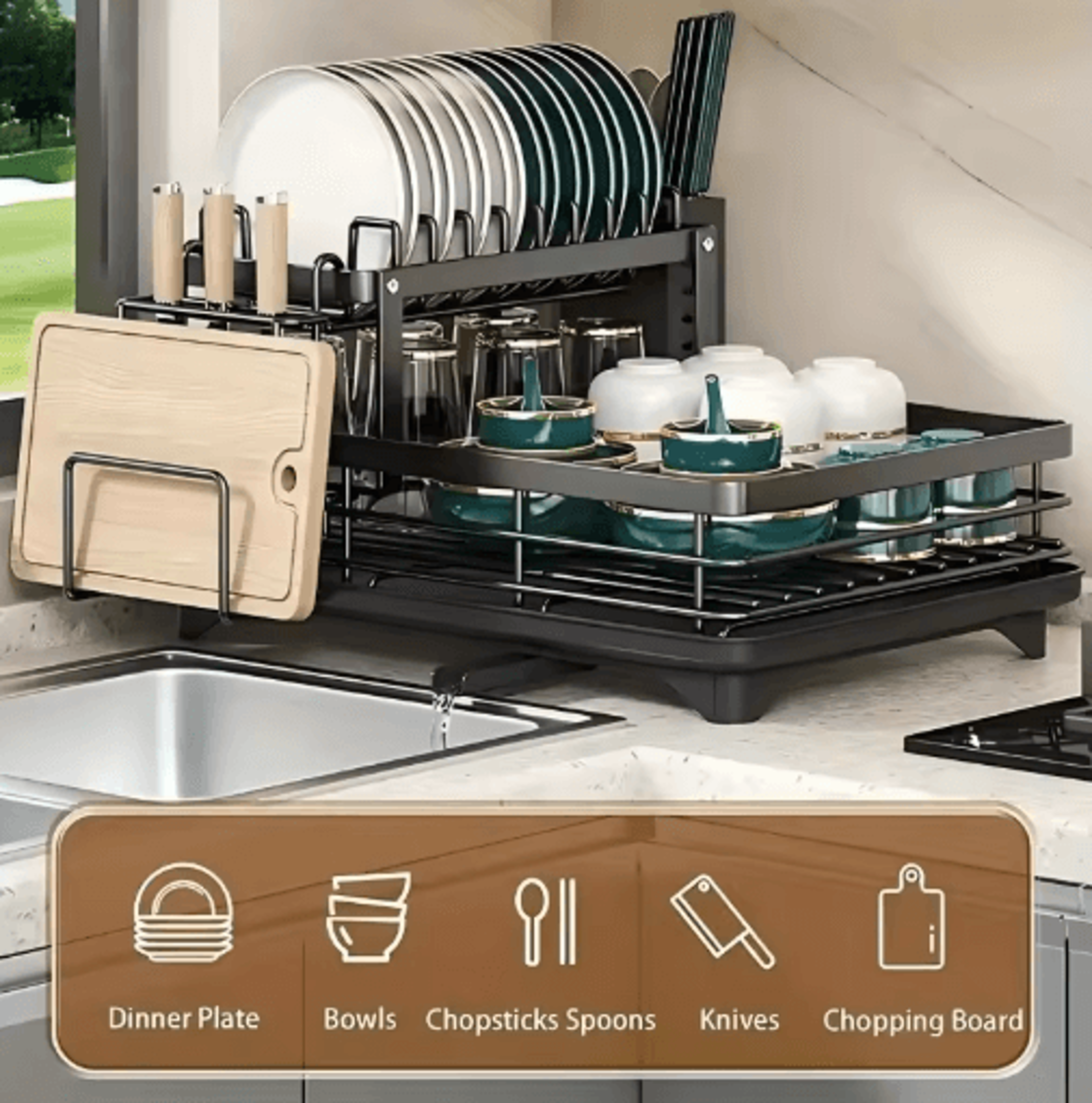 Double Tier Extendable Dish Drainer Large Capacity Adjustable Kitchen Countertop Rack 1