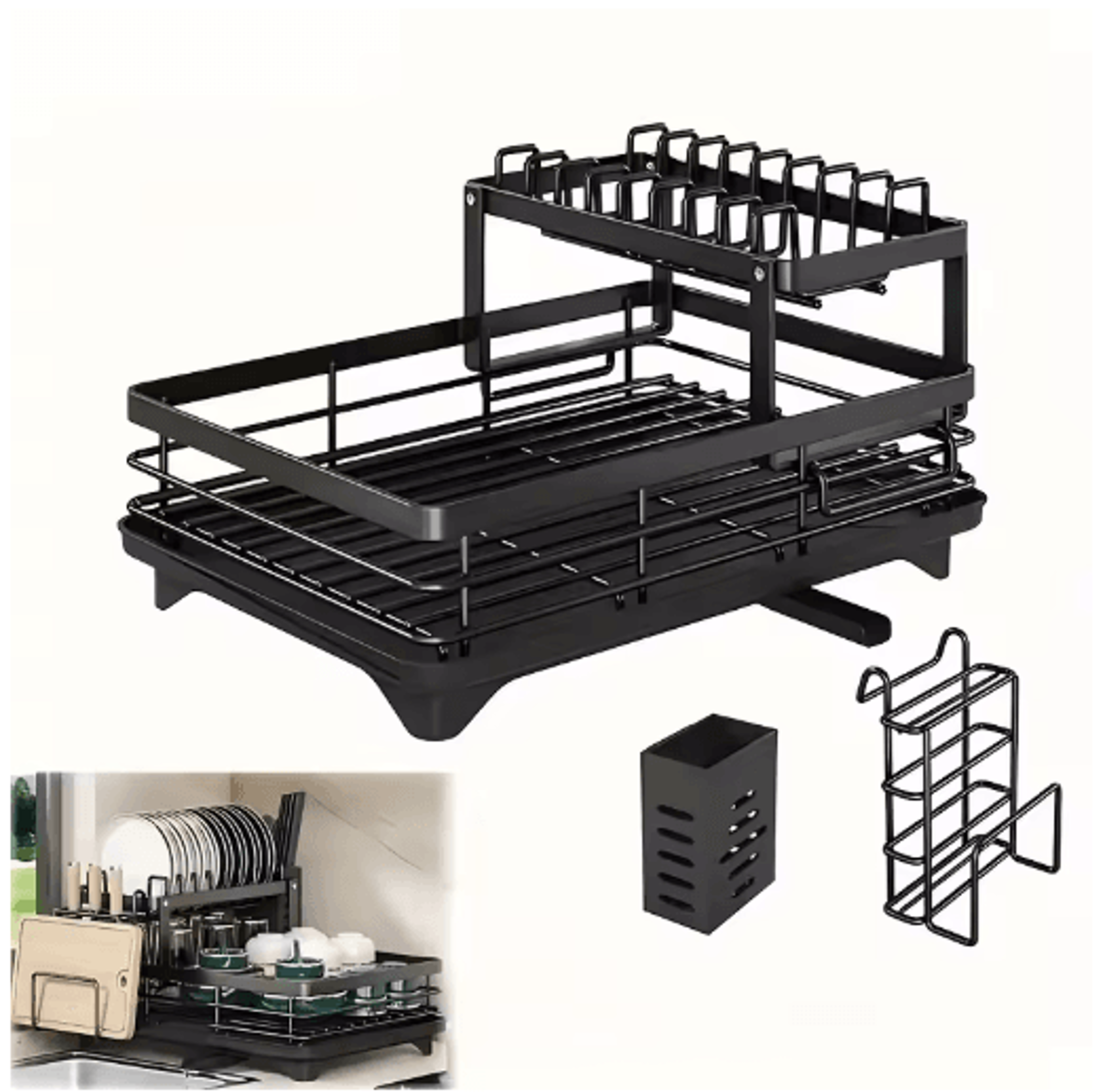 Double Tier Extendable Dish Drainer Large Capacity Adjustable Kitchen Countertop Rack 3