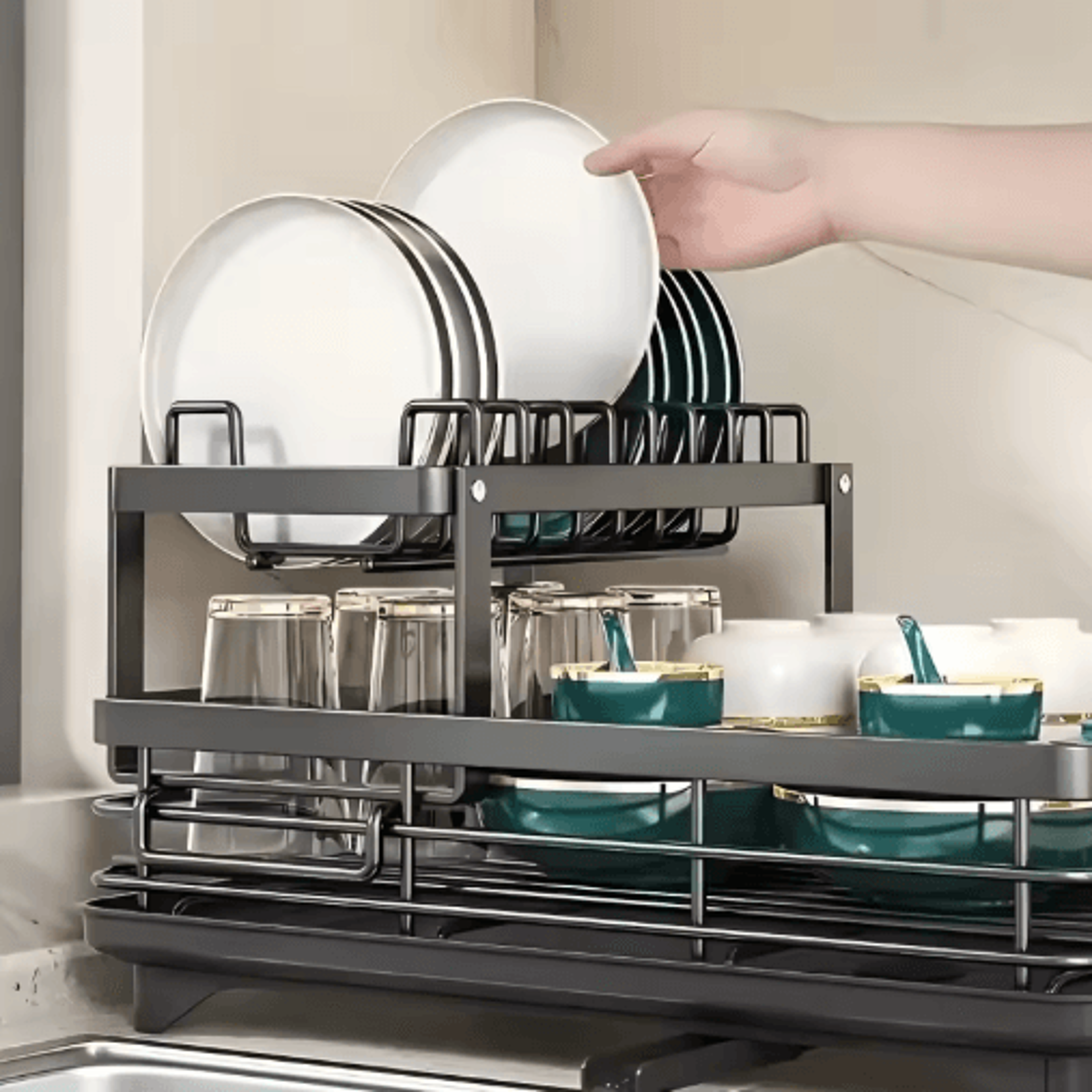Double Tier Extendable Dish Drainer Large Capacity Adjustable Kitchen Countertop Rack 6