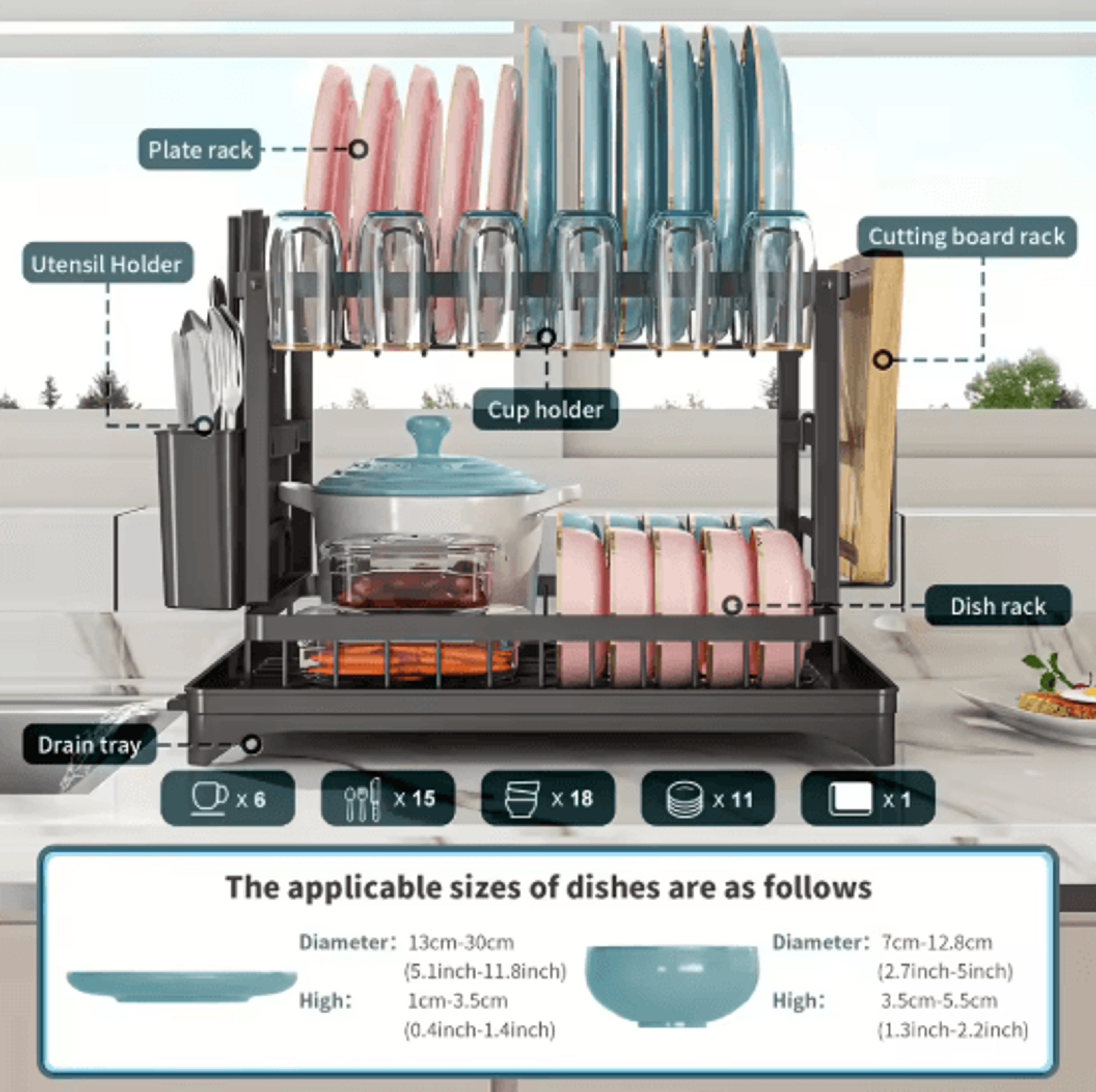 2 Tier Large Stainless Steel Dish Drying Rack With Drainboard Kitchen Counter Dish  Cup Drainer 0