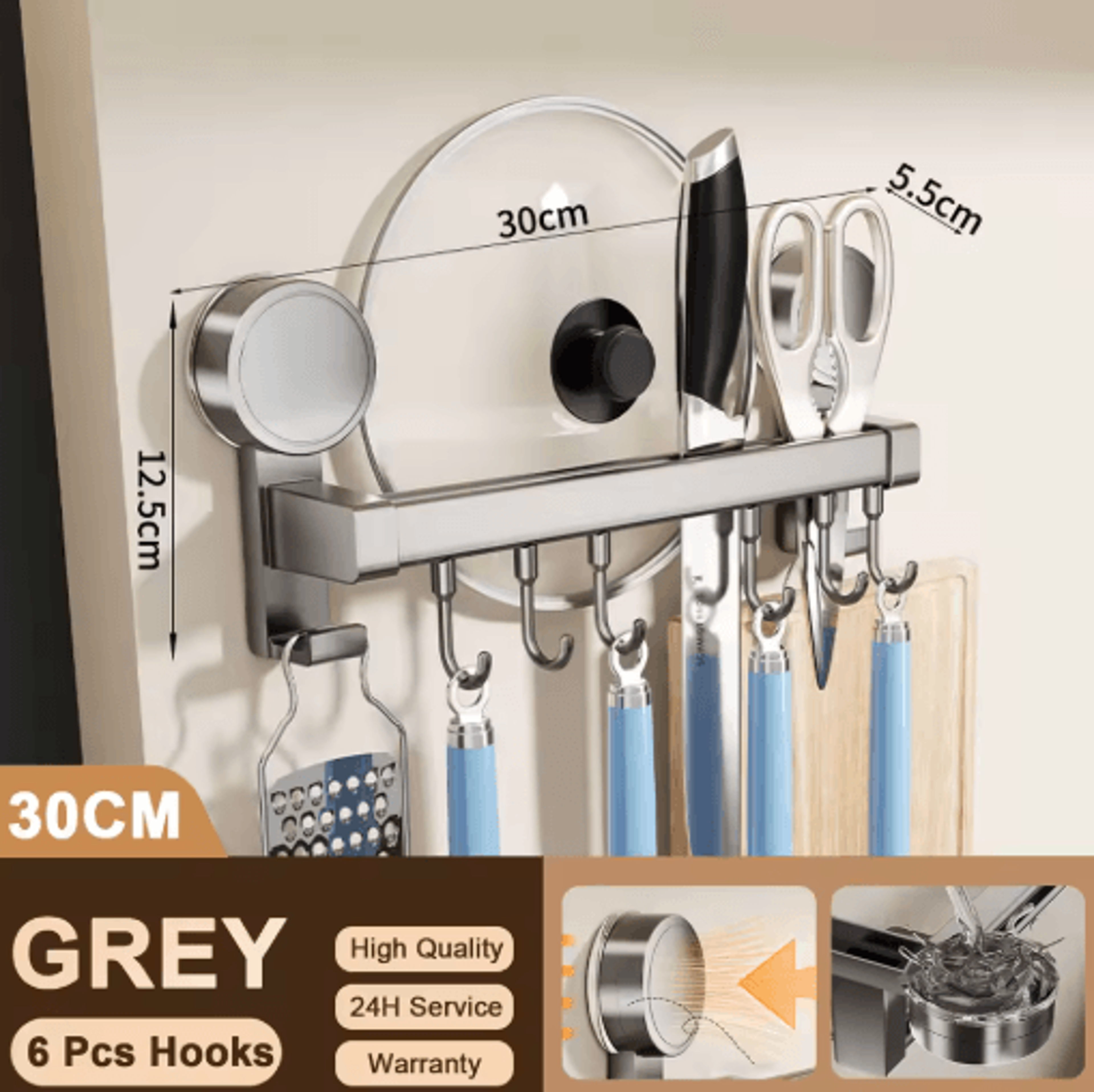 Wall Mounted Kitchen Hook Rack No Drill Utensil Hanger Rail With Chopping Board Holder 3