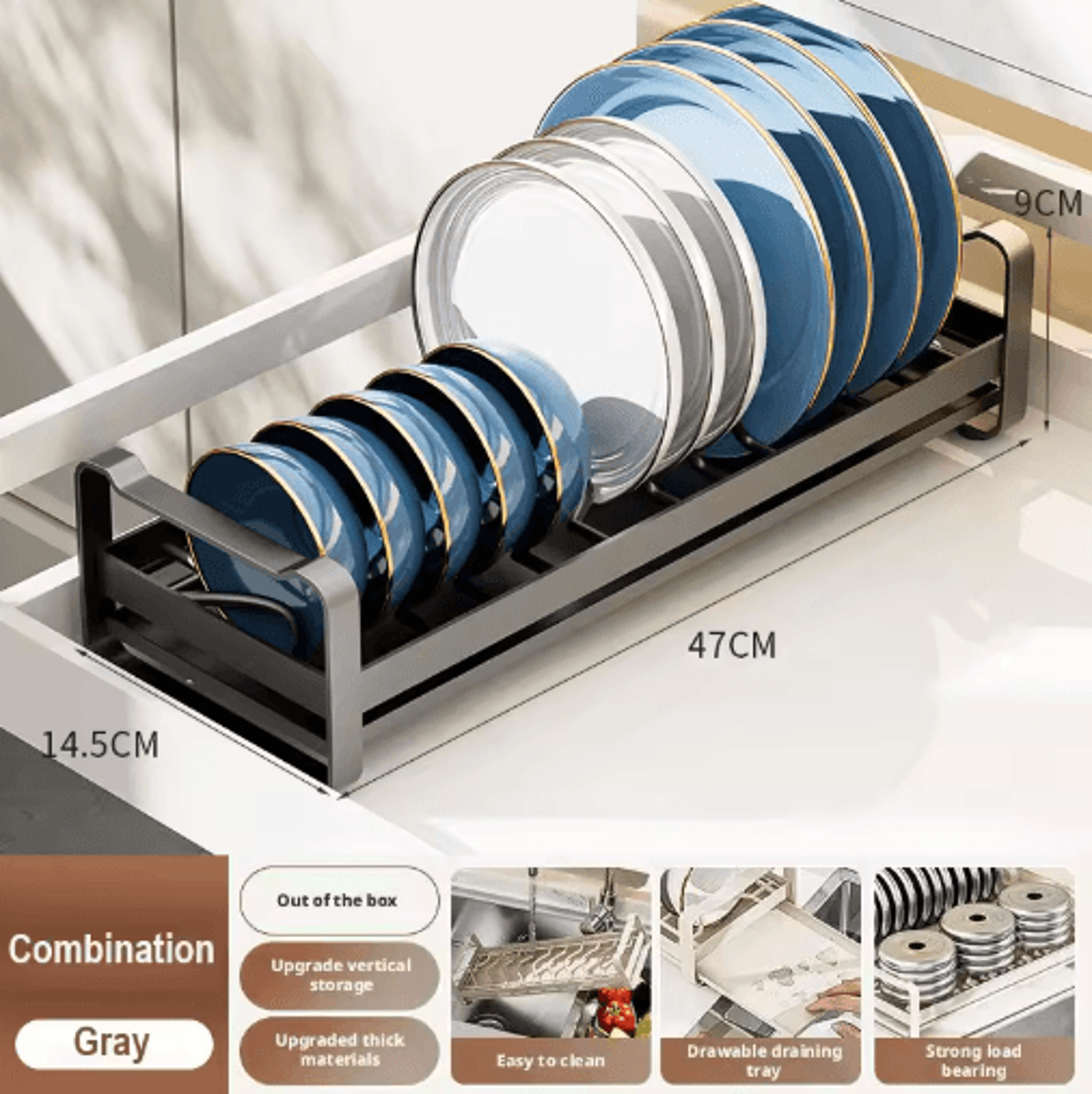 Pull Out Cabinet Dish Rack Stainless Steel Plate  Bowl Storage Drawer Organizer 1