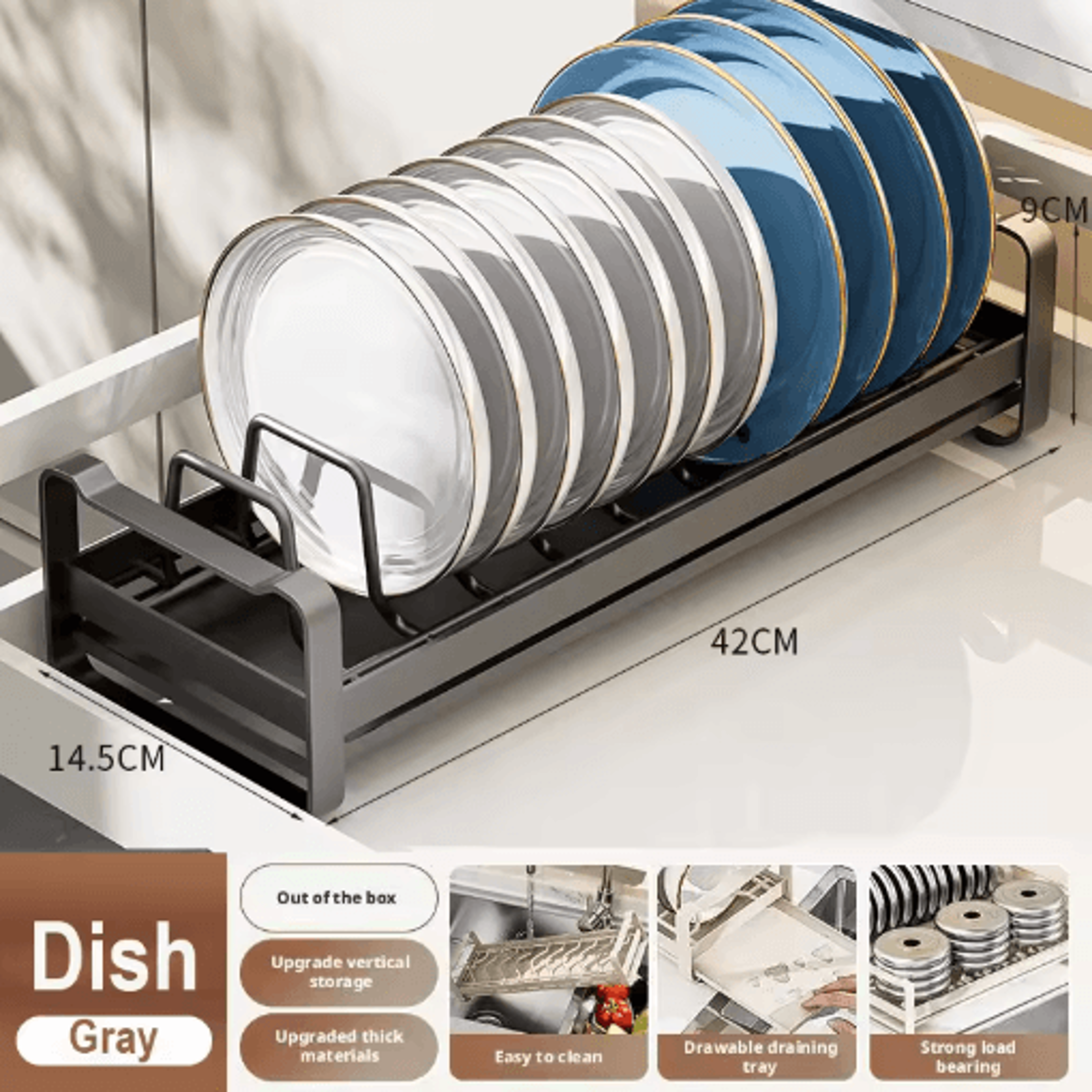 Pull Out Cabinet Dish Rack Stainless Steel Plate  Bowl Storage Drawer Organizer 6