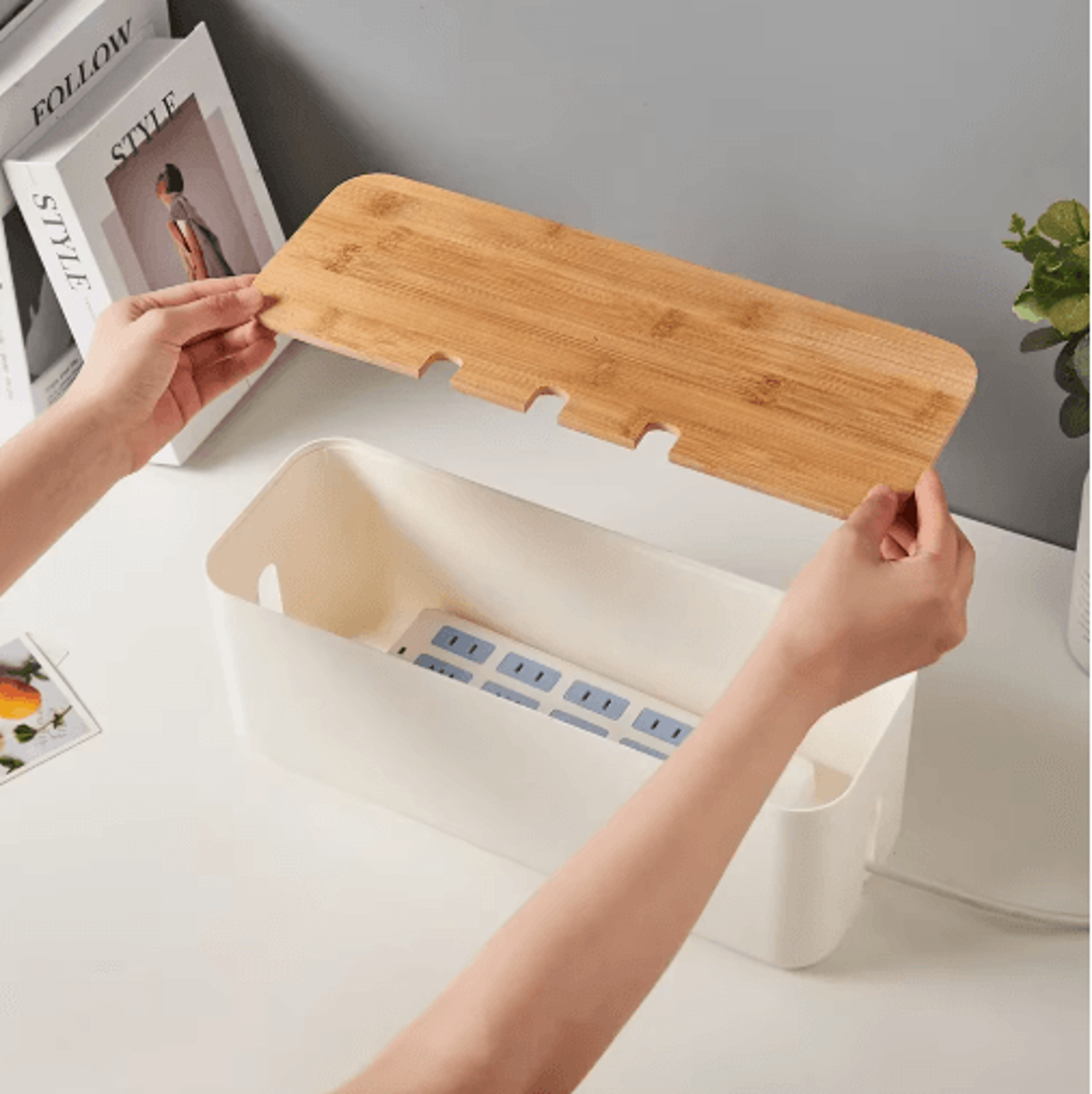 Bamboo Lid Cable Management Box For Desk And Power Strip Organization 6
