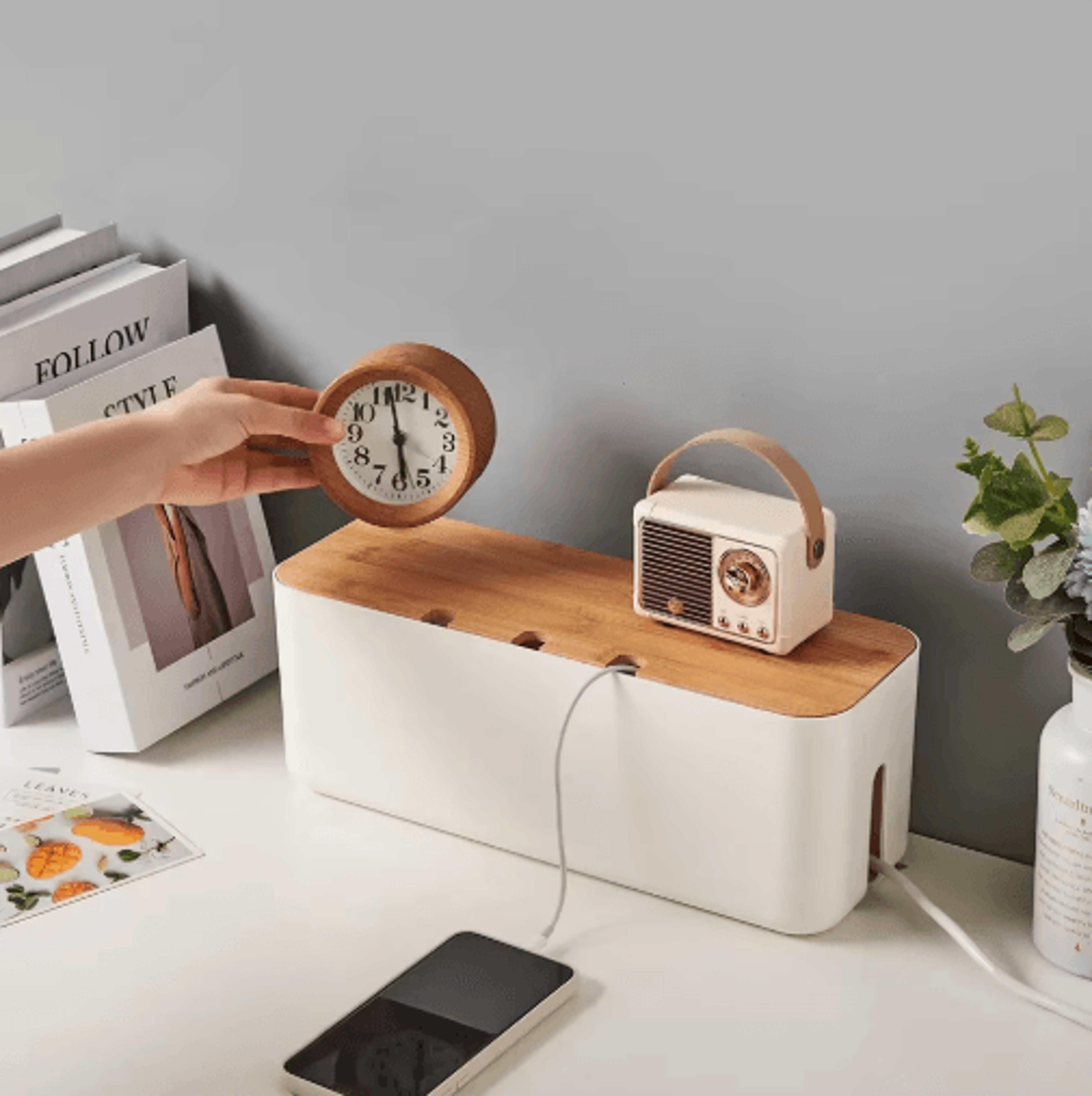 Bamboo Lid Cable Management Box For Desk And Power Strip Organization 0