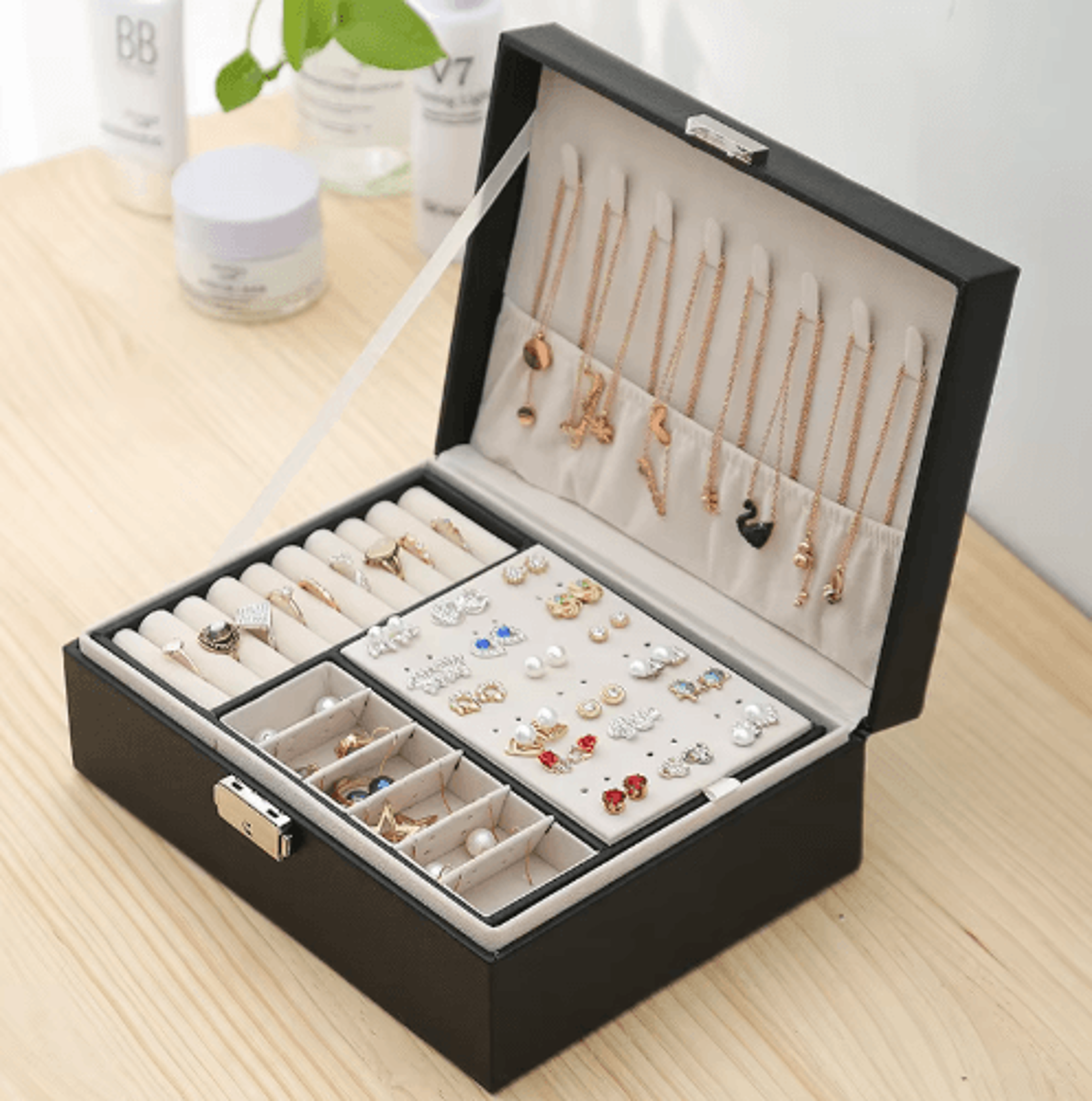 DoubleLayer Wooden Jewelry Box With PU Leather Organizer  Ring Storage 0