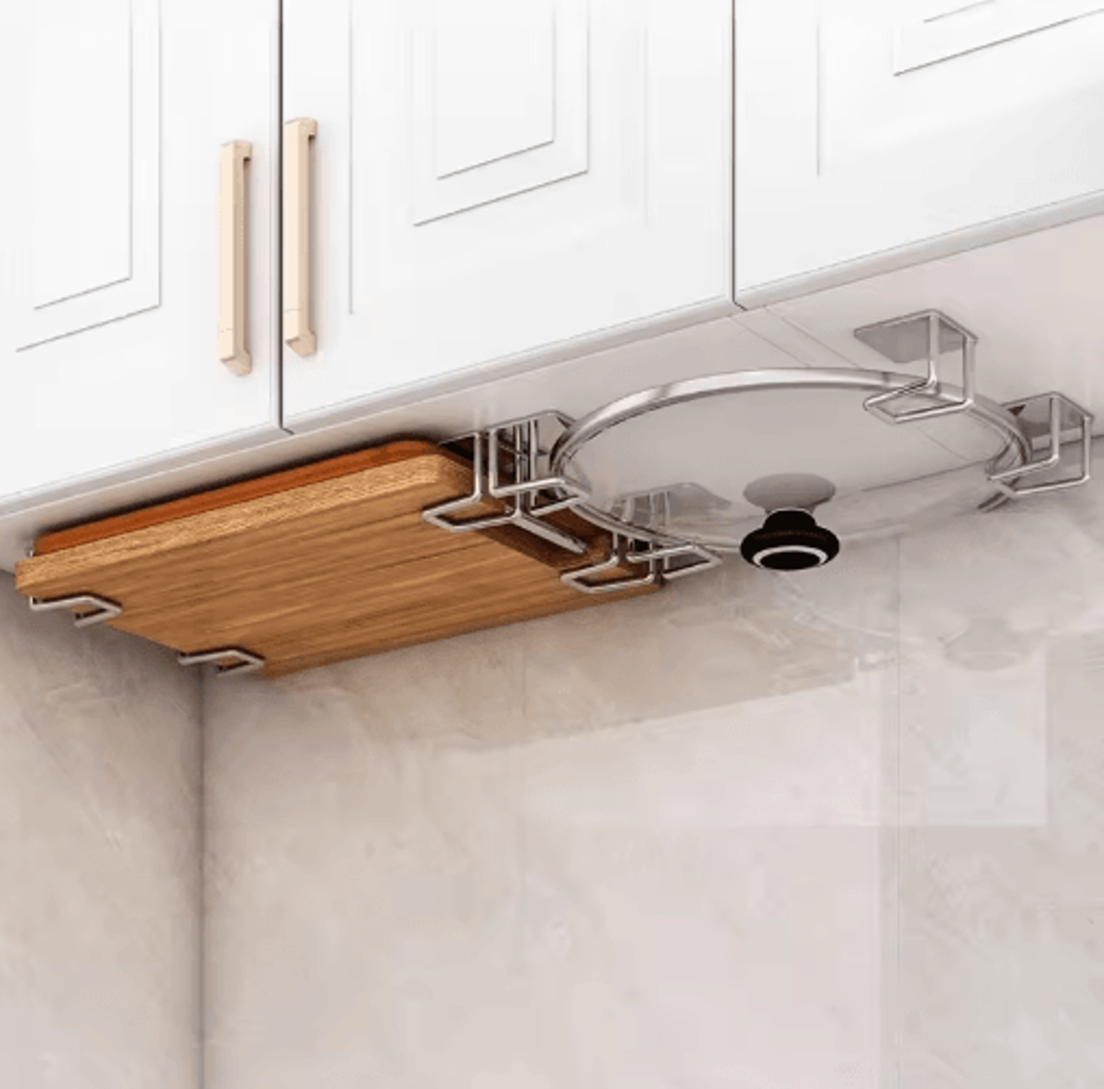 NonPerforated Wall Mounted Kitchen Shelves With Cutting Board  Pot Lid Rack 13