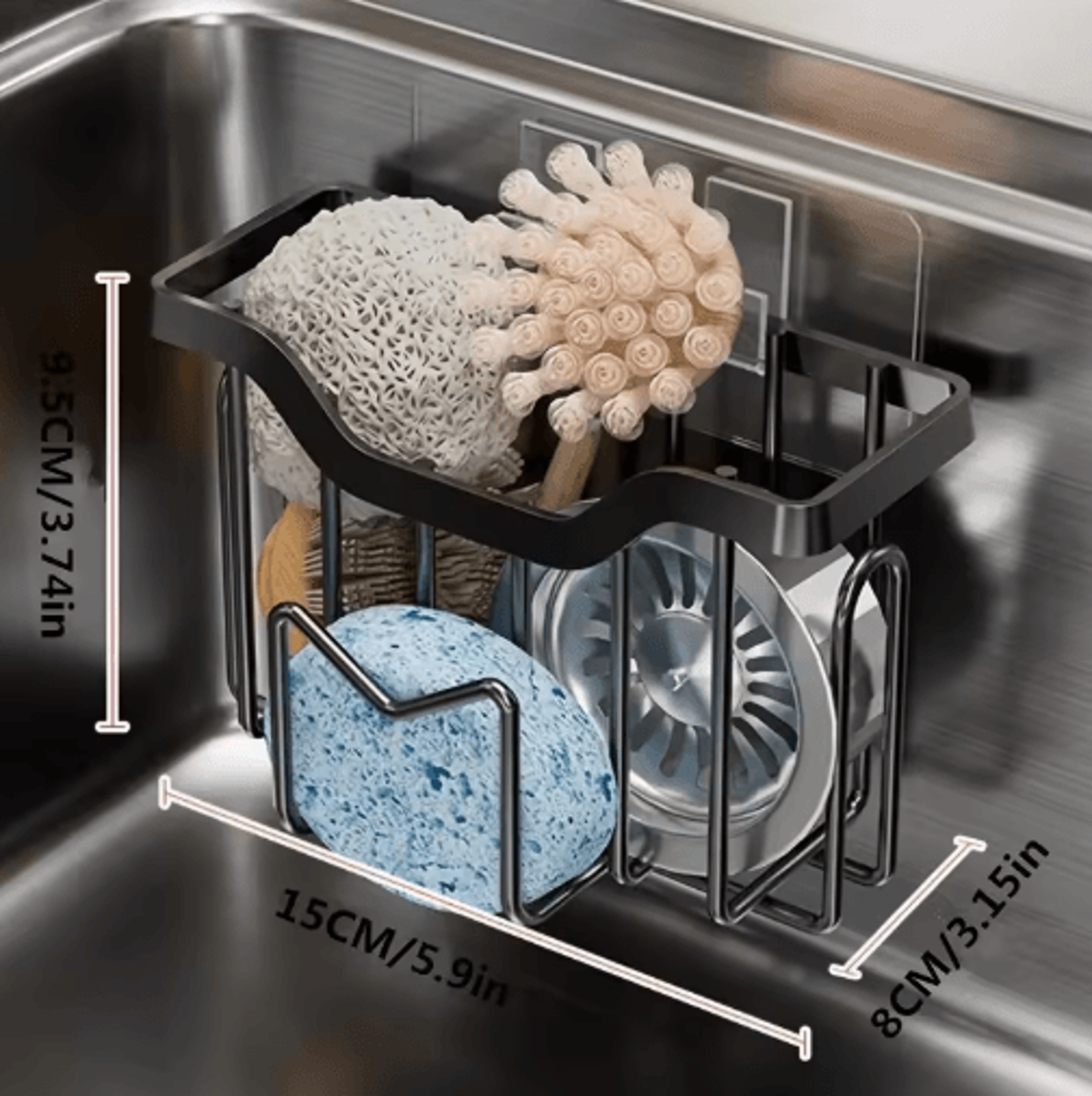 Rustproof Stainless Steel Kitchen Sink Sponge Holder With Adhesive Hook 2