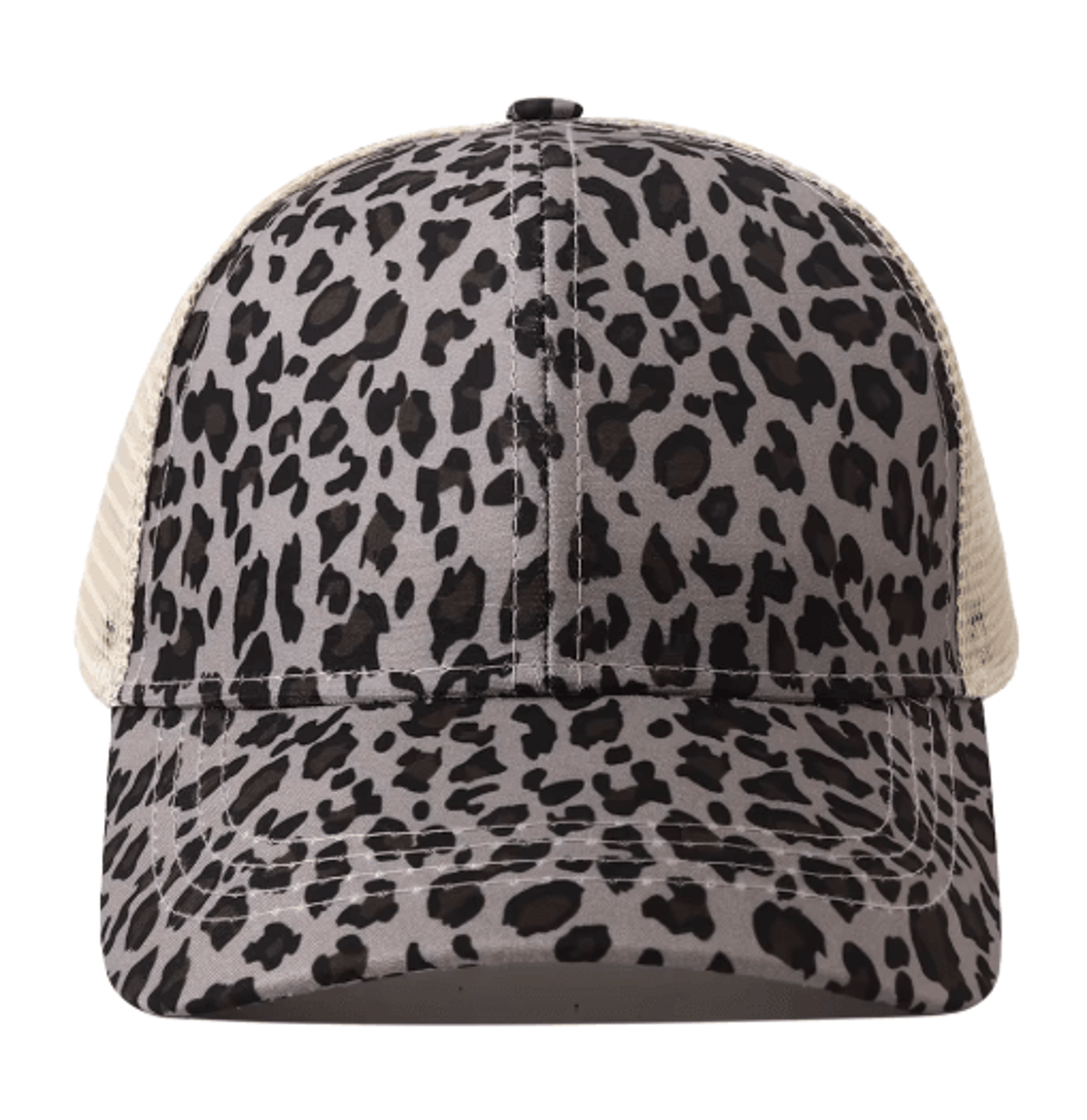 Leopard Print High Ponytail Trucker Hat Breathable Womens Mesh Snapback Cap 1