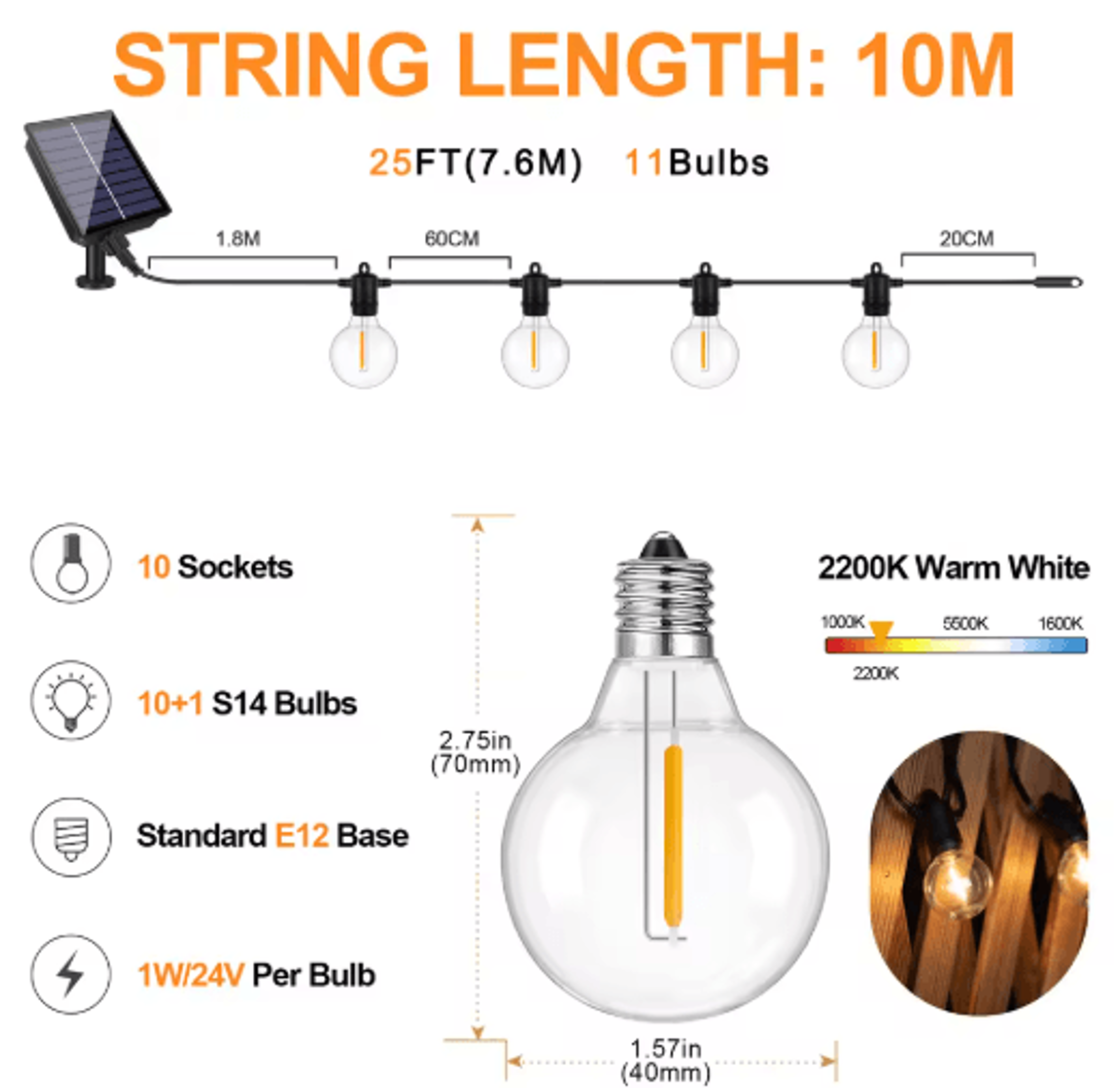 G40 Solar Globe String Lights With Remote  Dimmable Waterproof Patio Hanging Lights 2