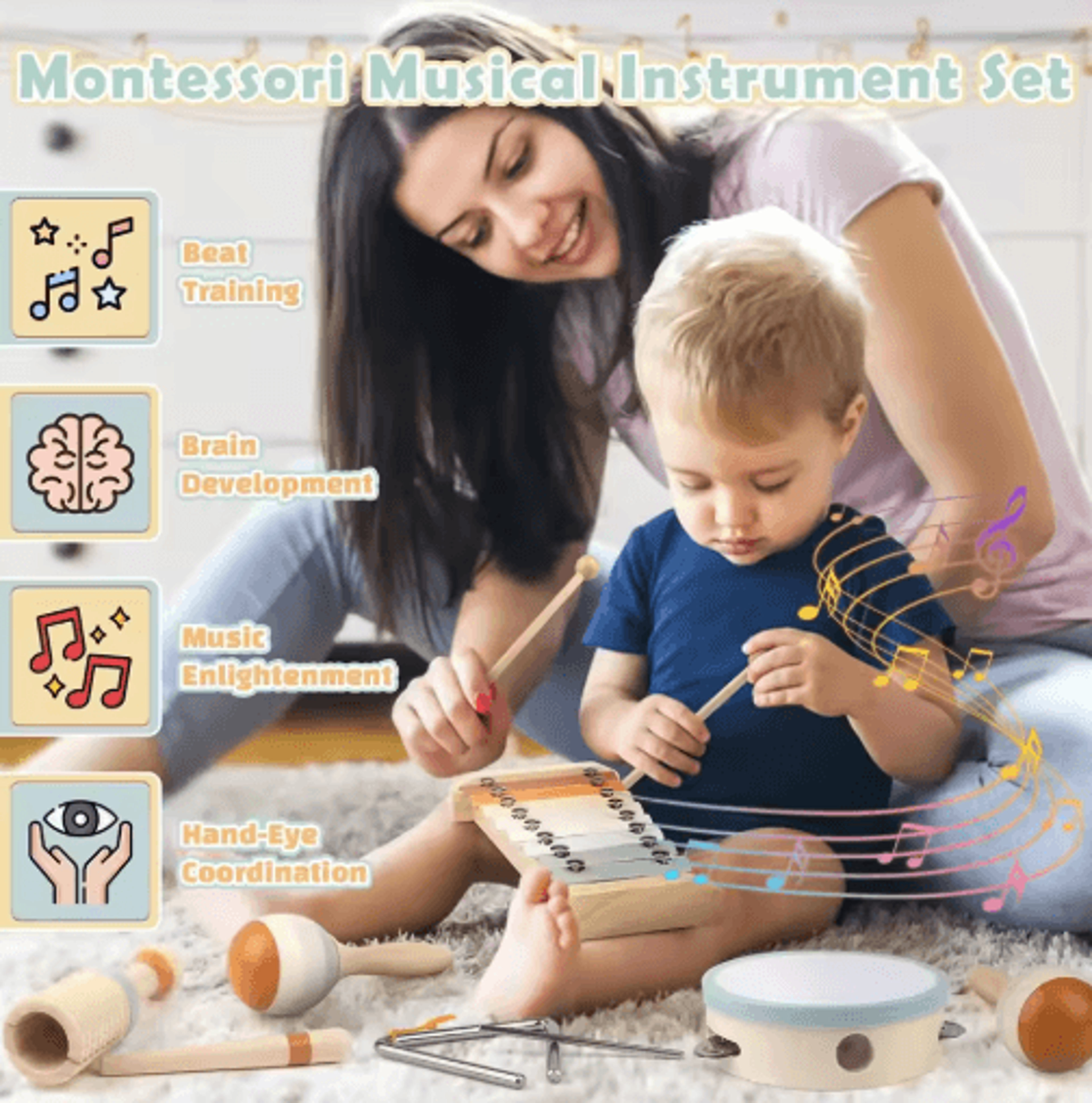 Montessori Wooden Musical Instrument Set For Toddlers  Percussion Xylophone Toy 6