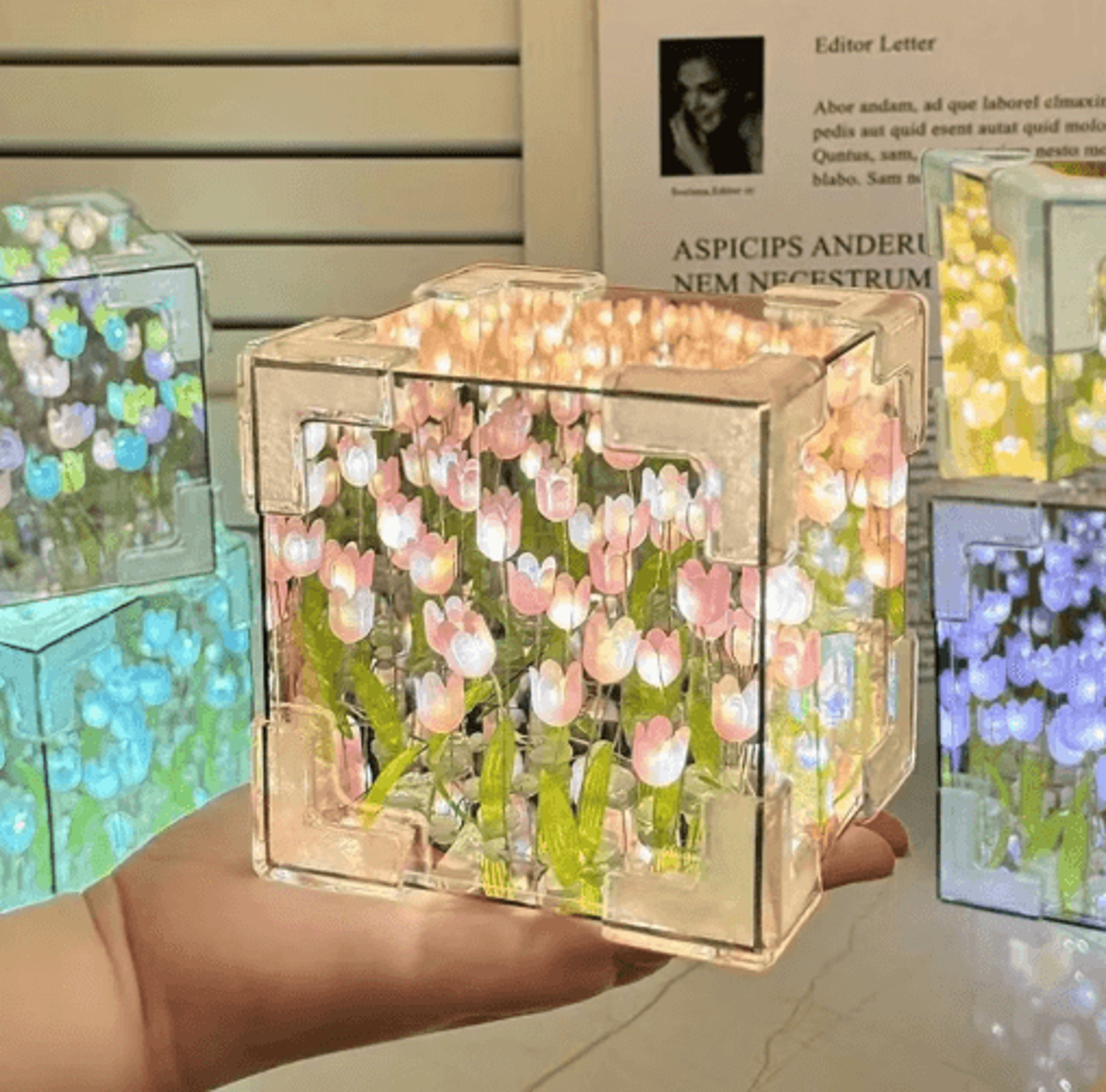 DIY Tulip Mirror Cube Night Lamp  3D Flower Bedside Light 0