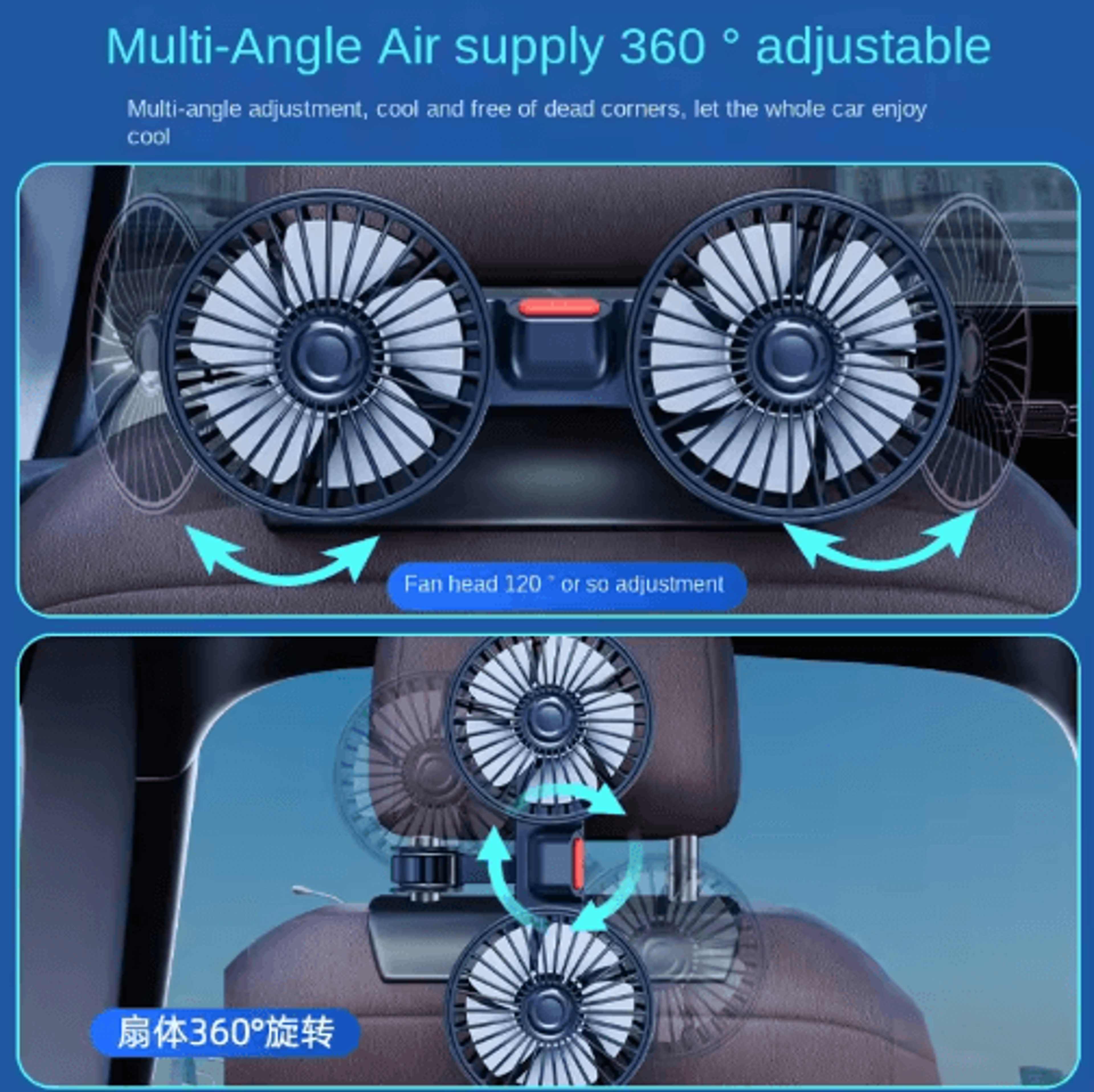 Dual Head USB Car Seat Cooling Fan With 3Speed  360 Rotation 5