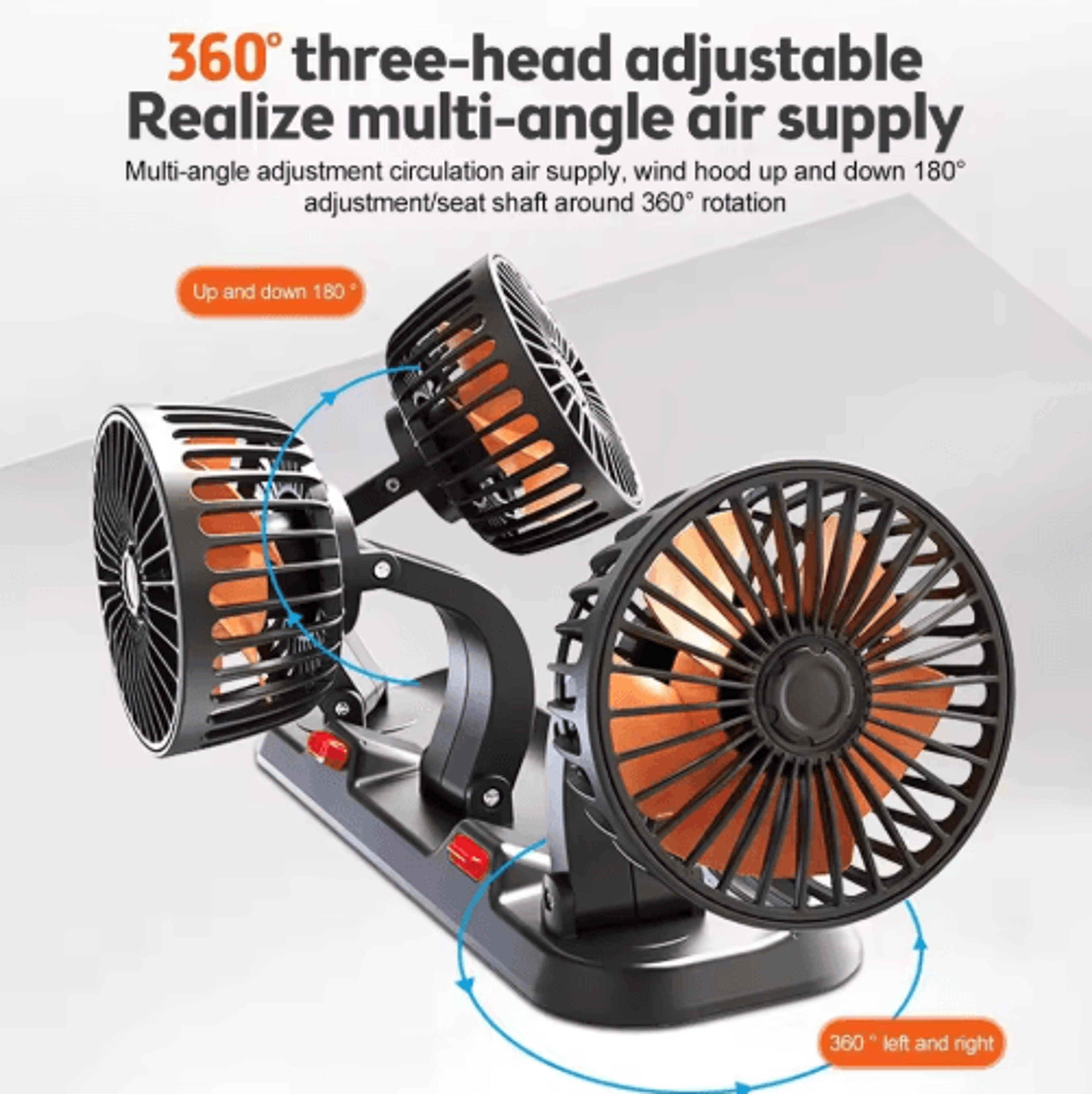 360 Adjustable 3Head Car Cooling Fan With USB12V24V Power 12