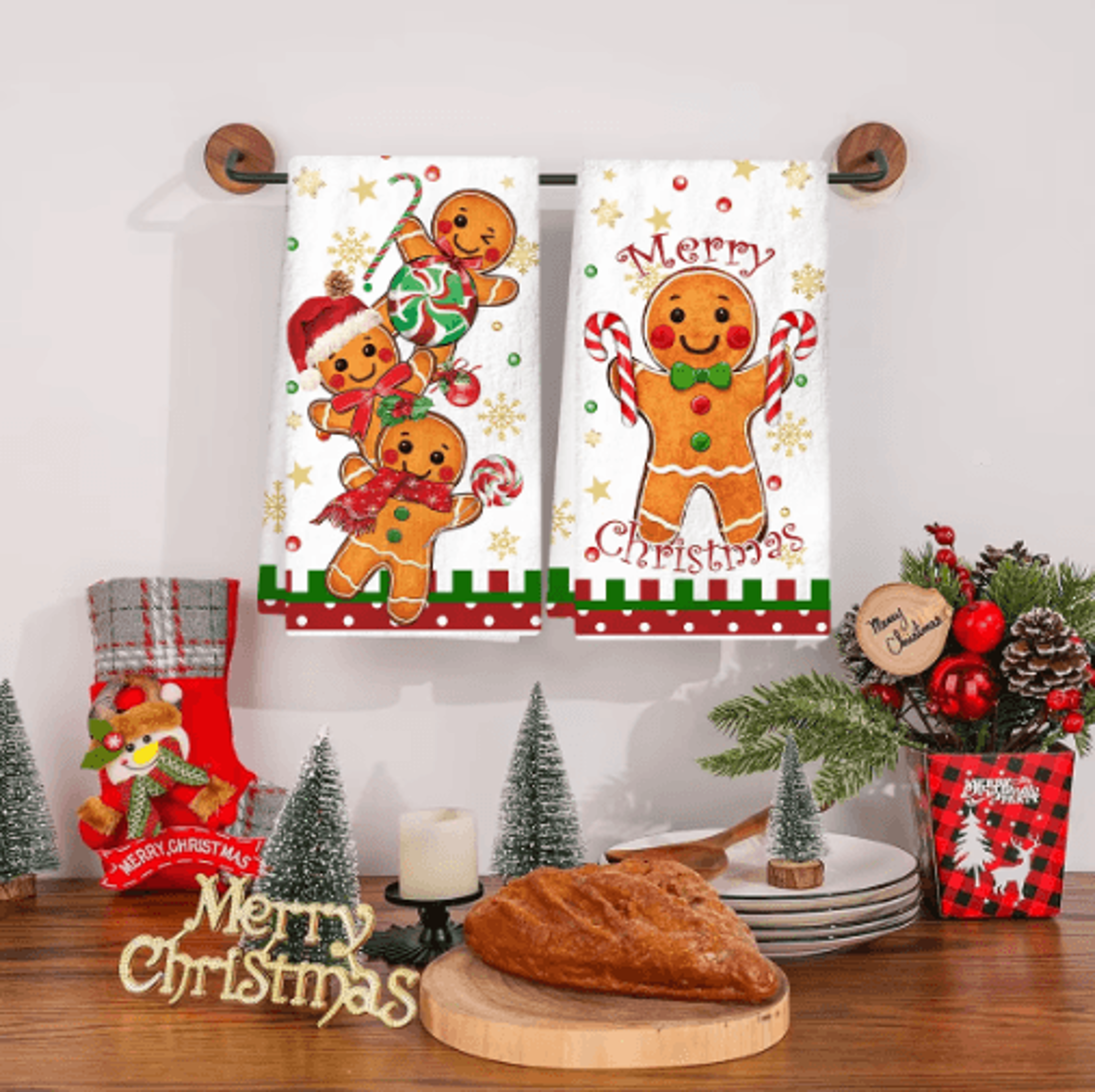 Festive Gingerbread Christmas Kitchen Towels  2PCS Holiday Dish Towel Set 2