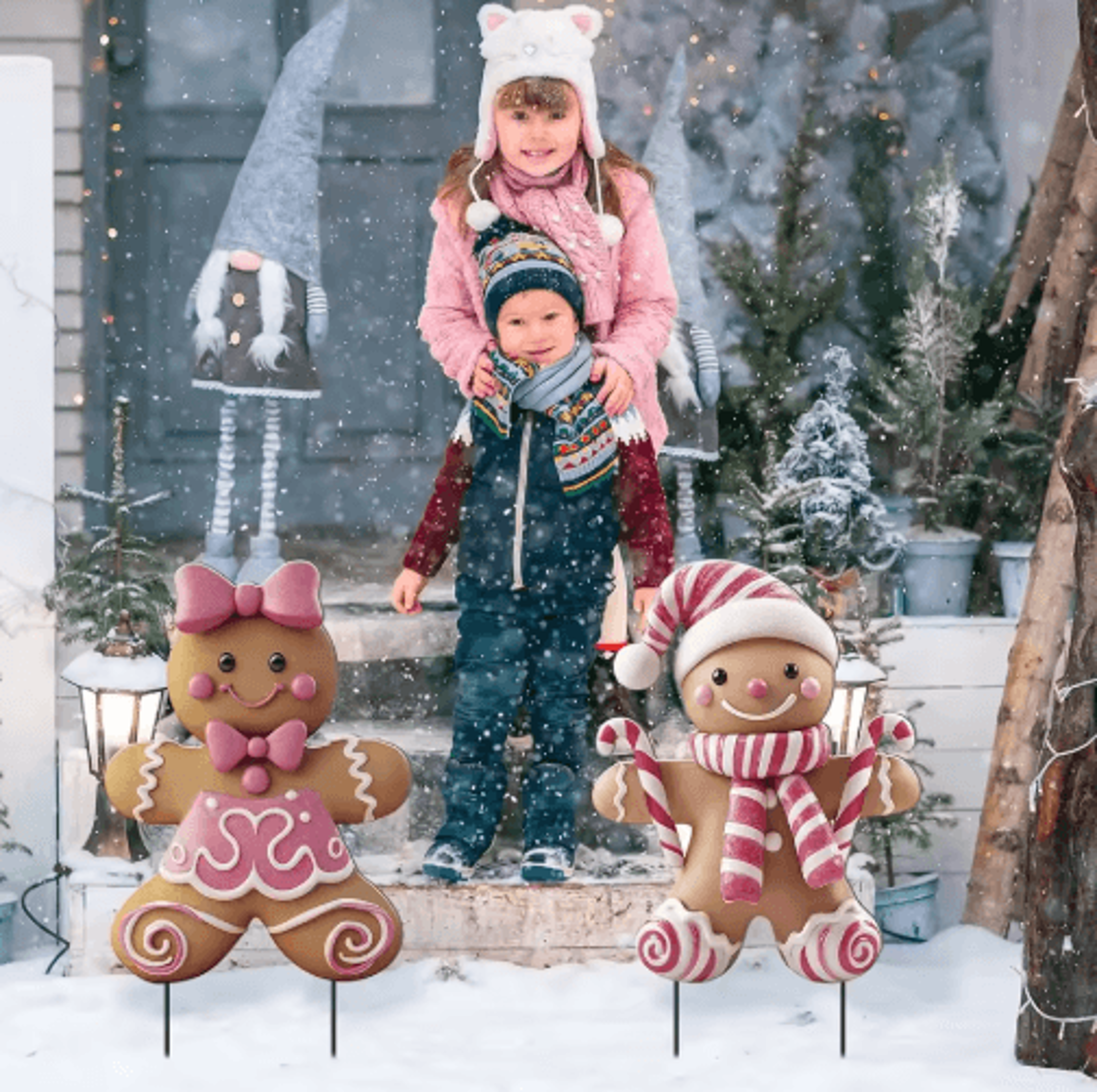 3D Christmas Boy  Girl Yard Stakes  Metal Outdoor Holiday Lawn Decor 2PCS 2