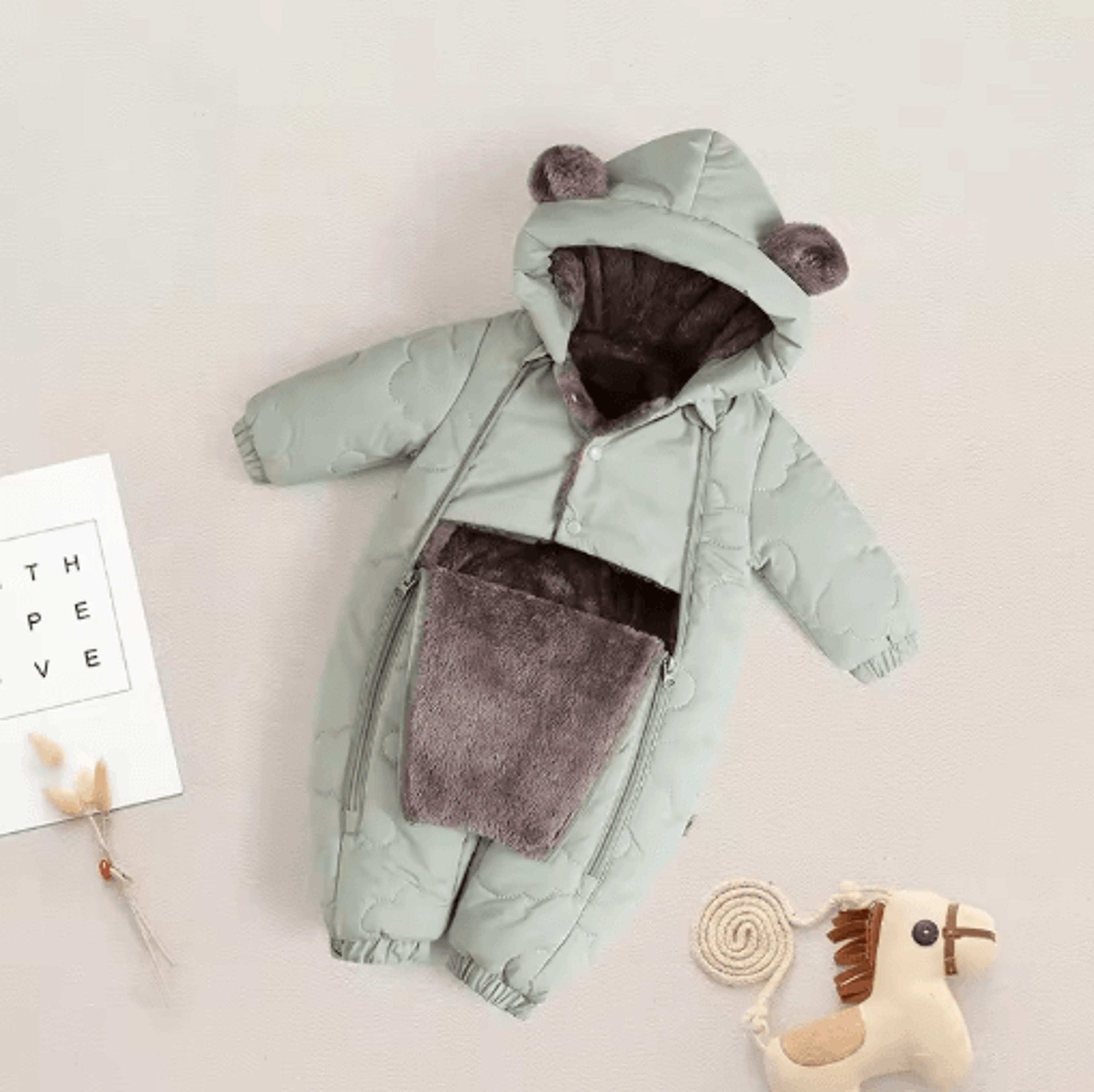 FleeceLined Baby Winter Romper With Hood  Bear Ears 3