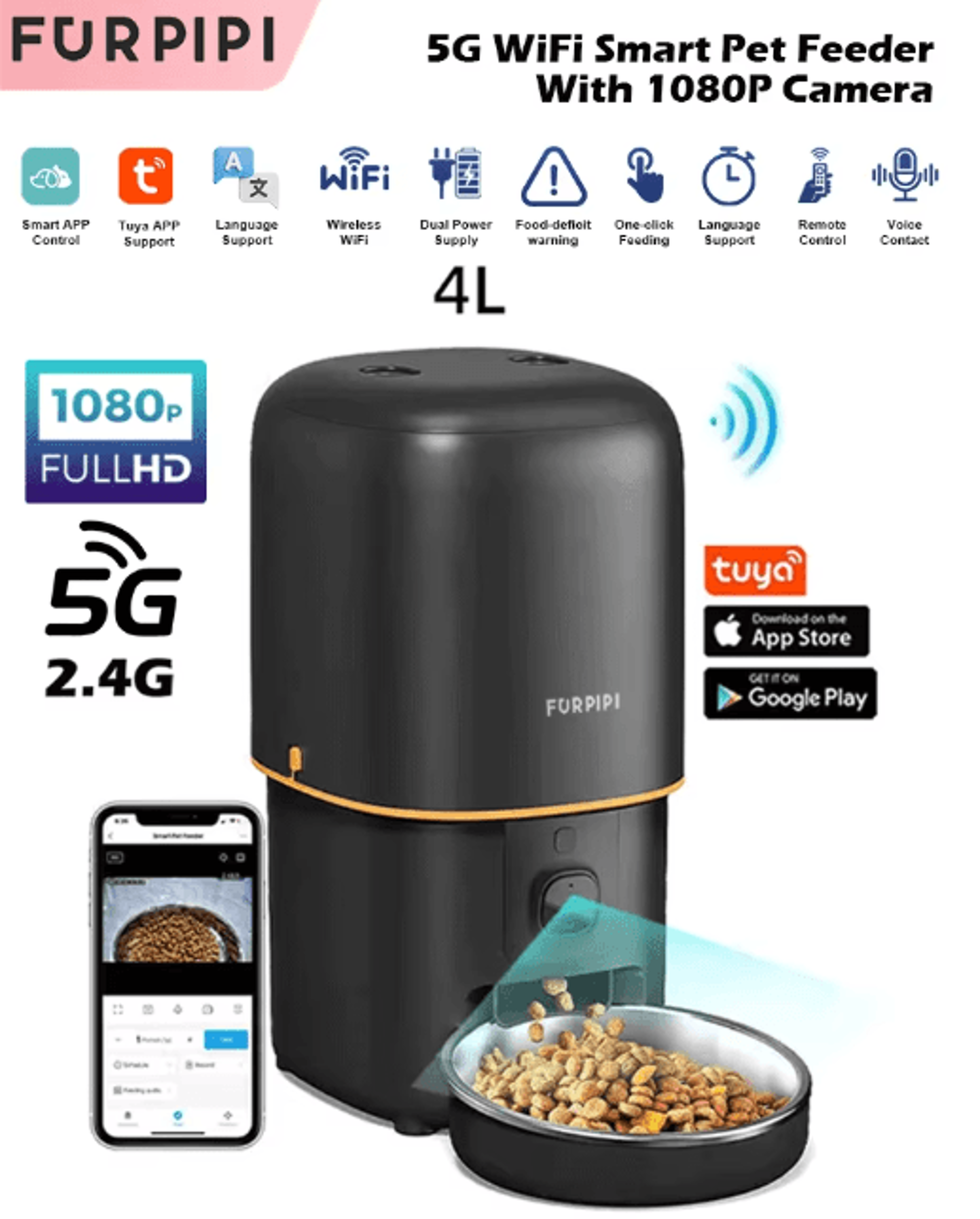 Automatic Cat Feeder Camera Pet Smart Cat Food Kibble Dispenser 24G5GWiFi Tuya APP Control Auto Fee 0