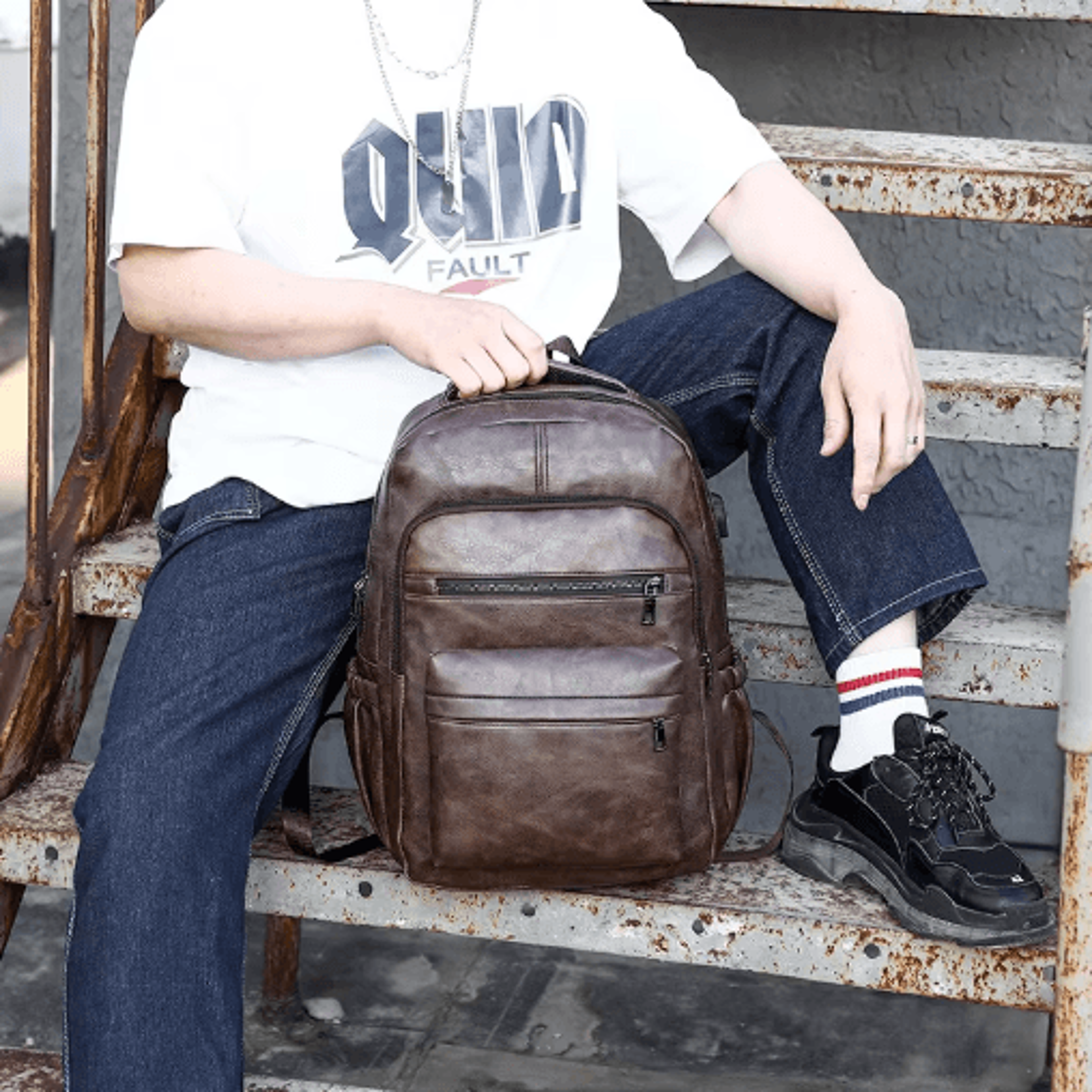 USB Charging Leather Laptop Backpack  AntiTheft Large Capacity Travel Bag 4