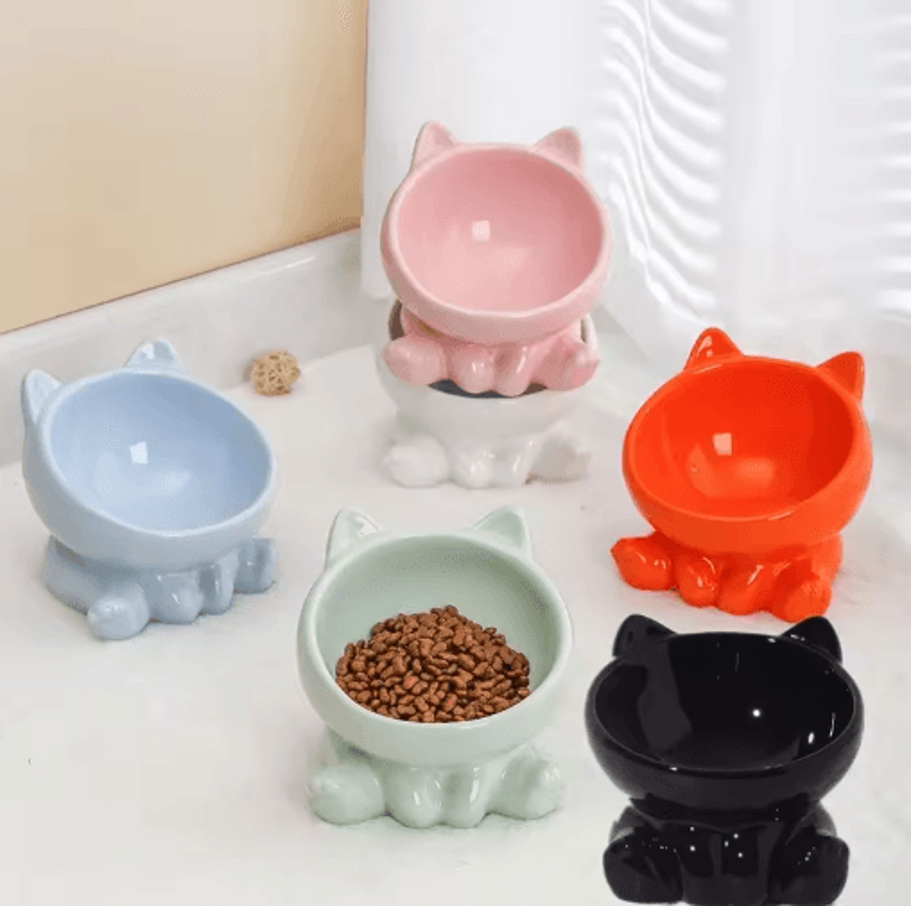Elevated Tilted Ceramic Cat Bowl  Cute Ergonomic Food  Water Dish 0