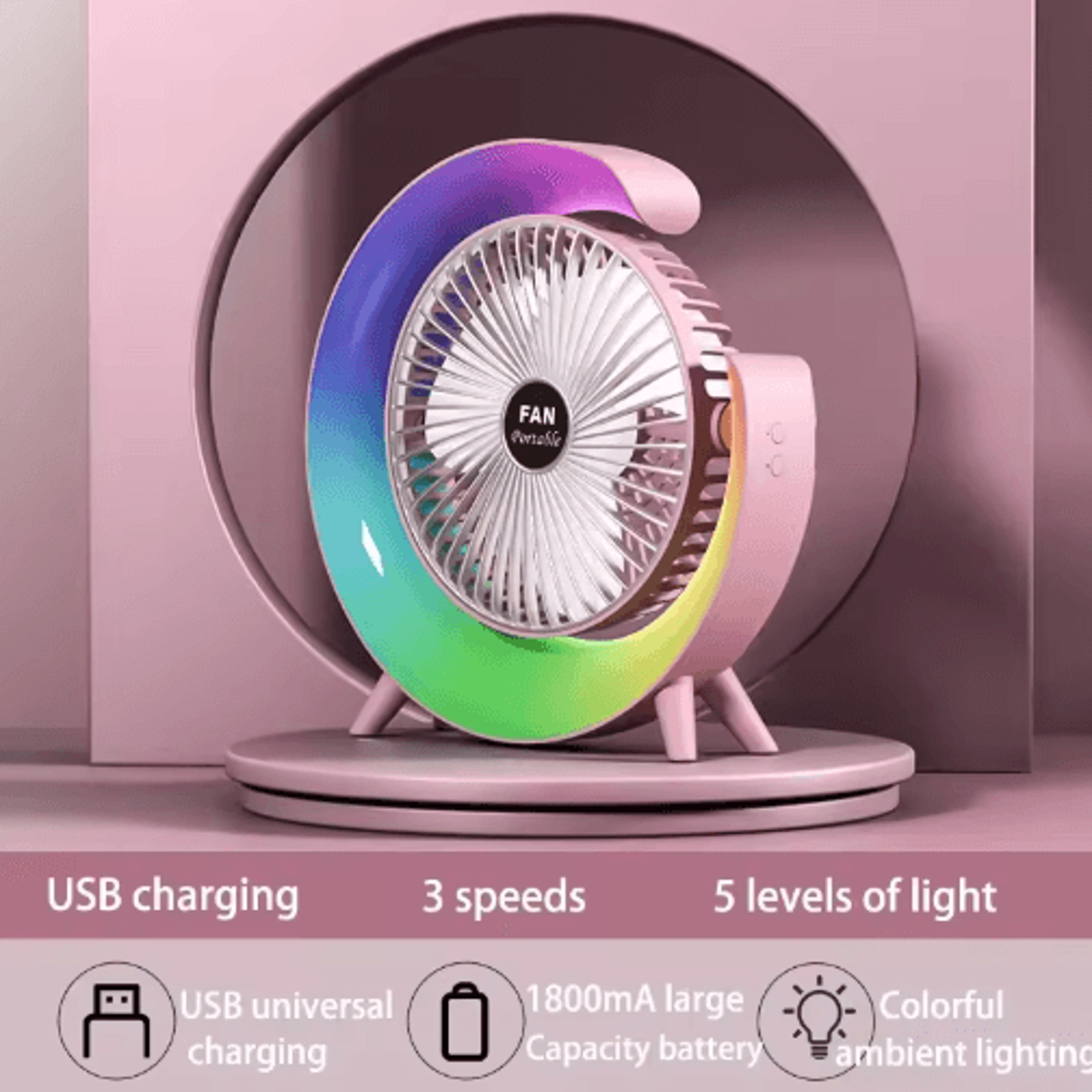 Portable USB Desk Fan With 180 Rotation  Colorful LED Light 3