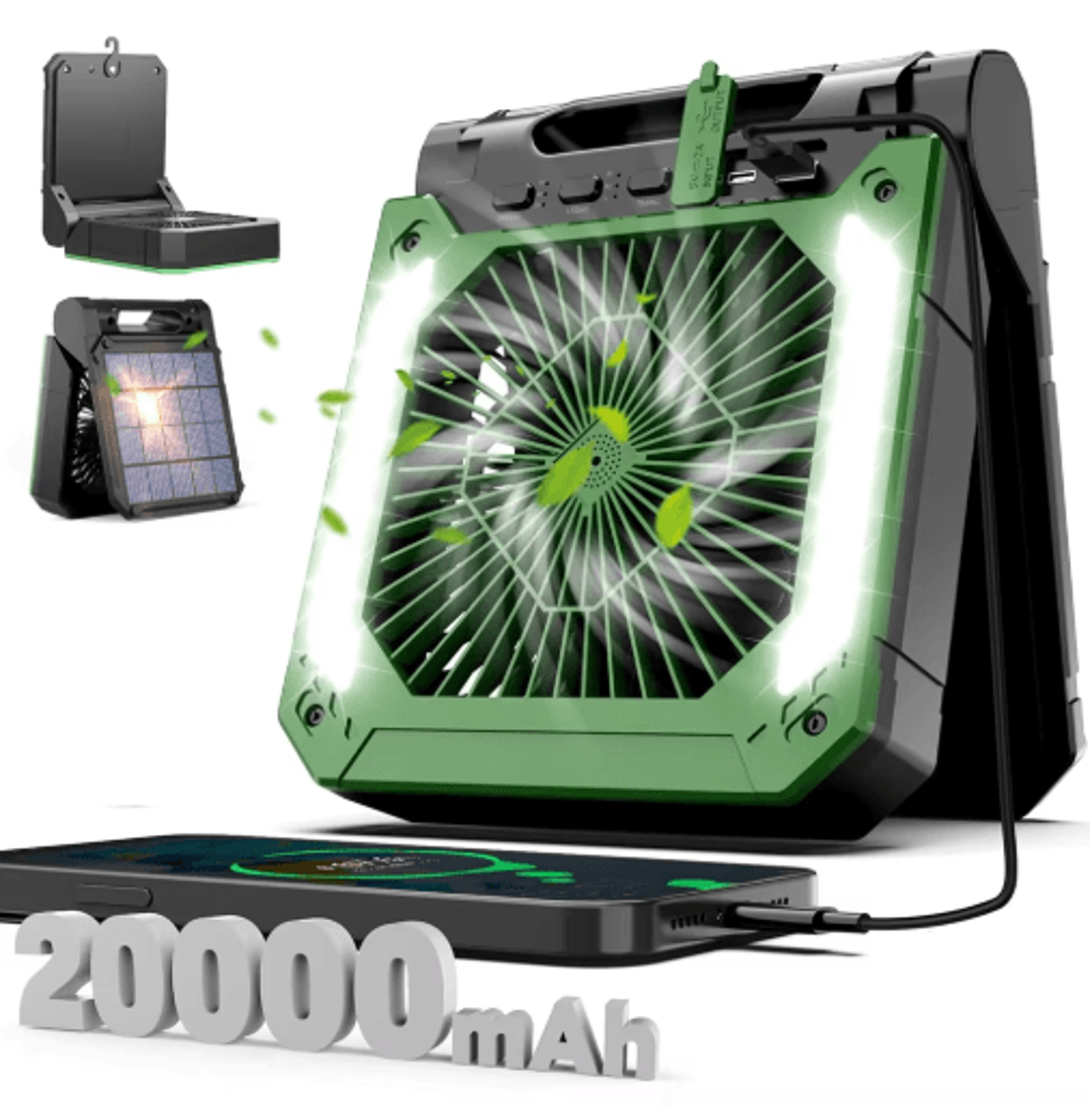 20000mAh Portable Camping Fan With LED Light  Solar  USB Rechargeable Outdoor Cooling Fan 0