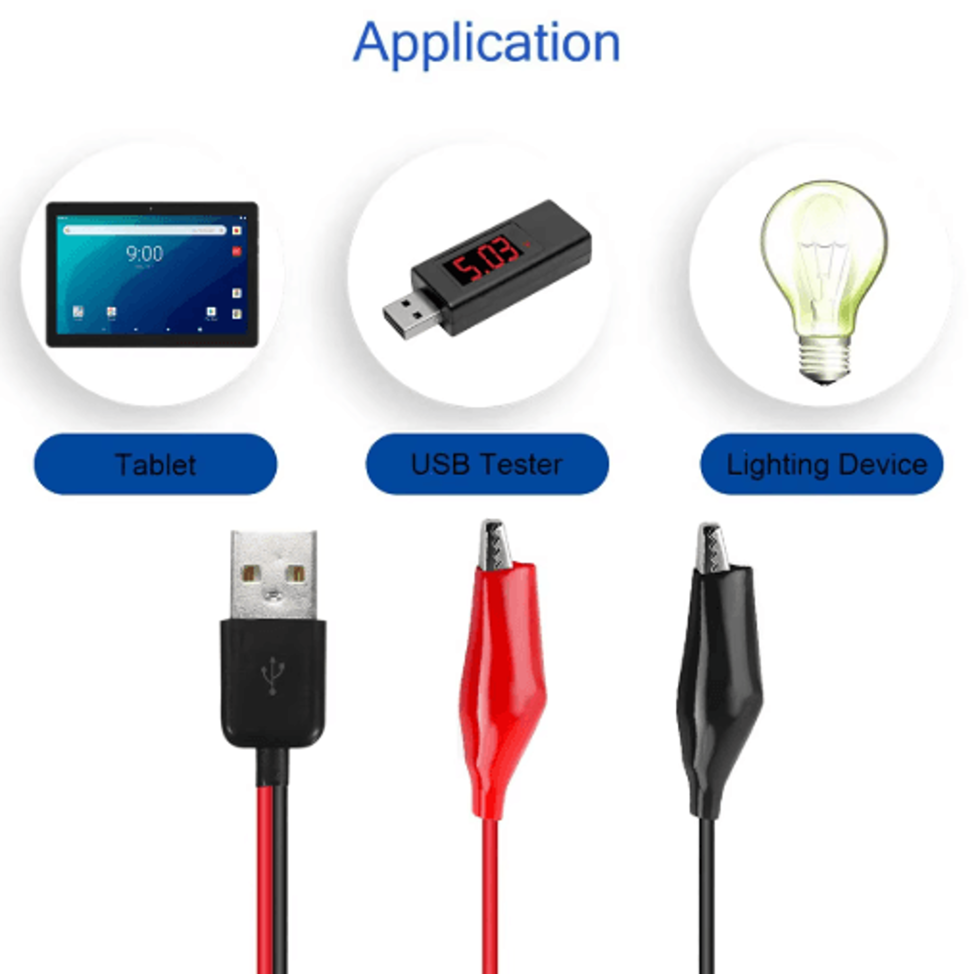 Alligator Clip To USB Cable  Copper Test Lead Power Supply Connector TypeA Male 1