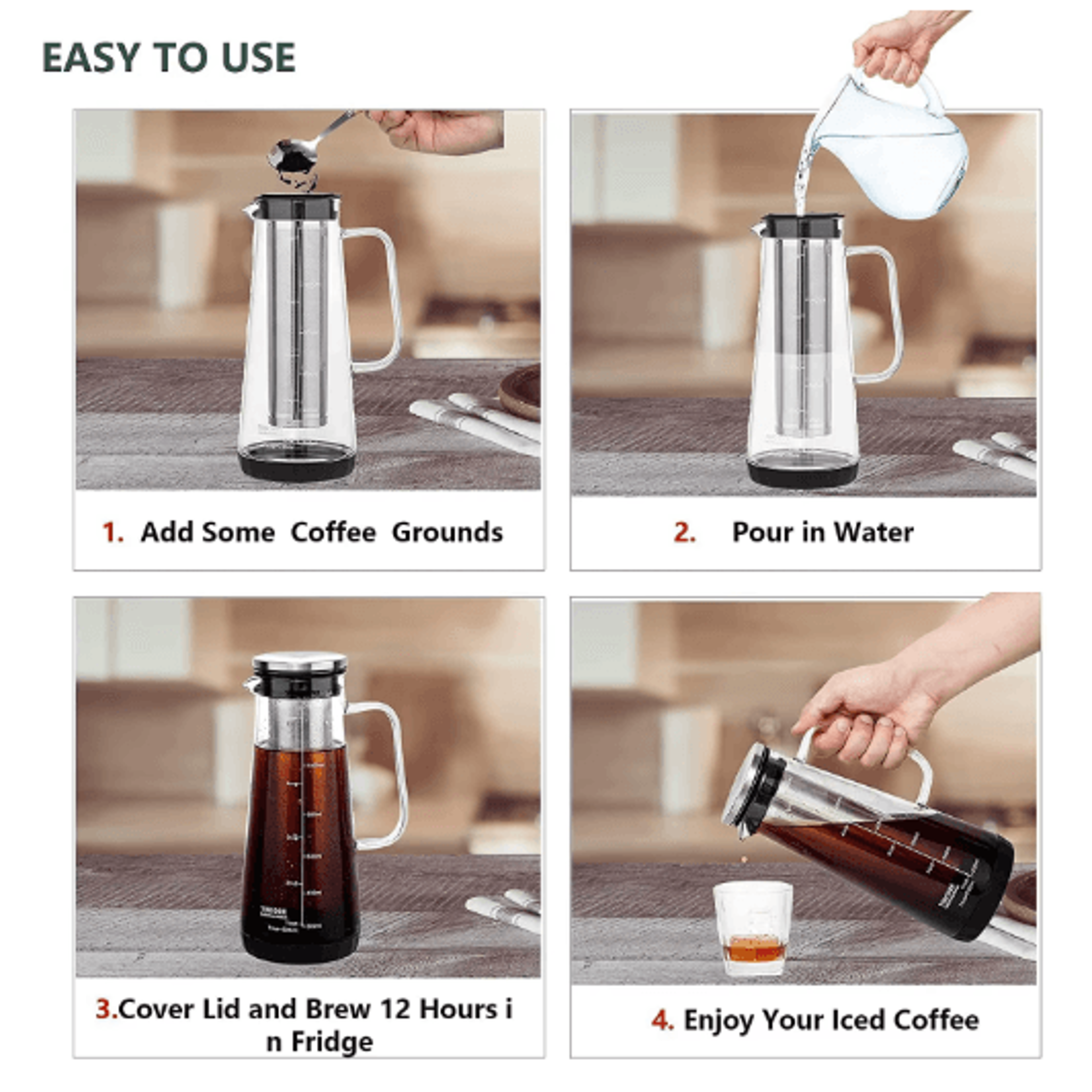 Leeseph Cold Brew Coffee Maker 1L Glass Pitcher With Stainless Steel Filter  Tea Infuser 4