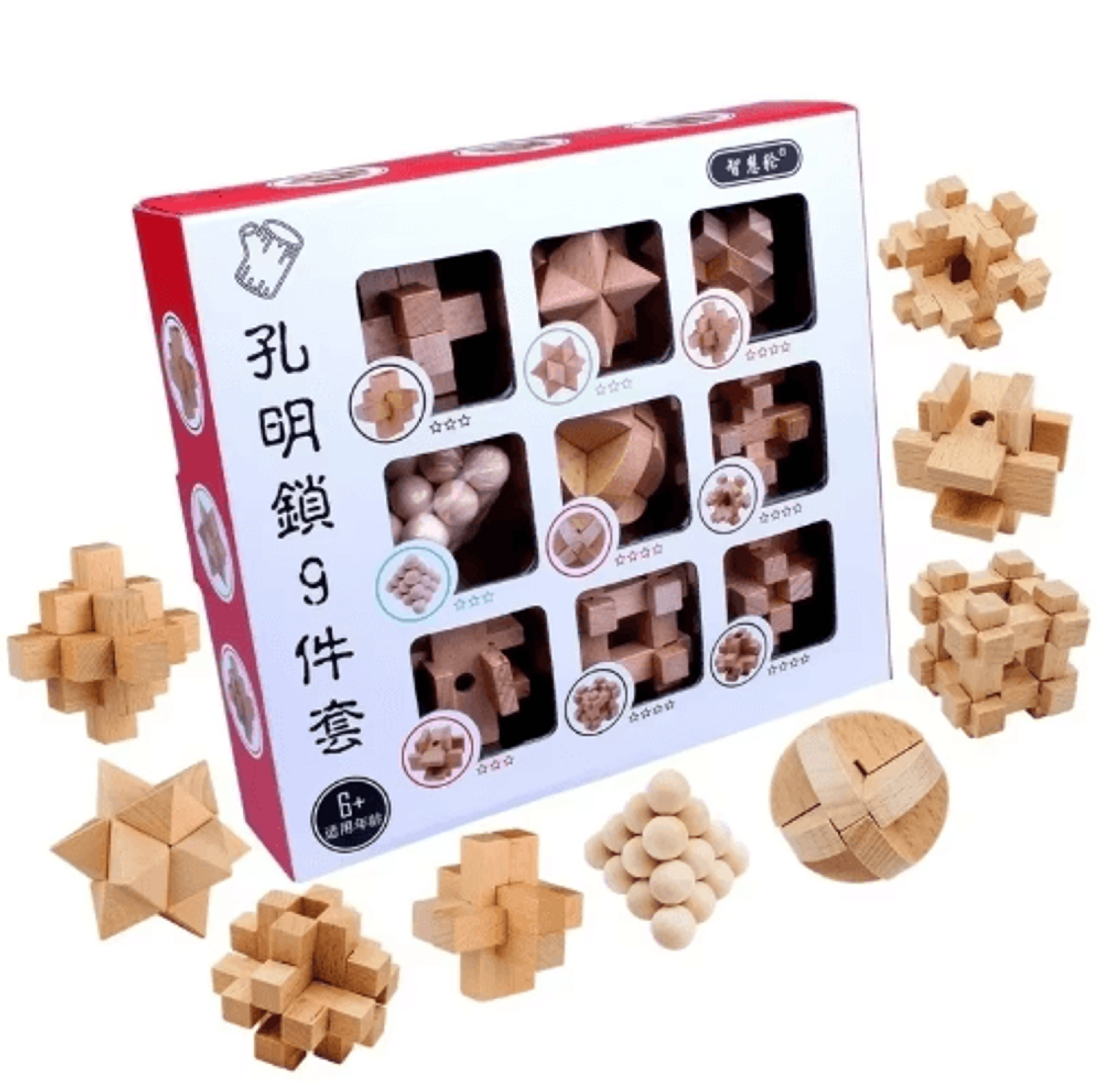 9Piece Luban Lock Puzzle Set  Wooden Brain Teaser IQ Educational Toys For Kids  Students 4