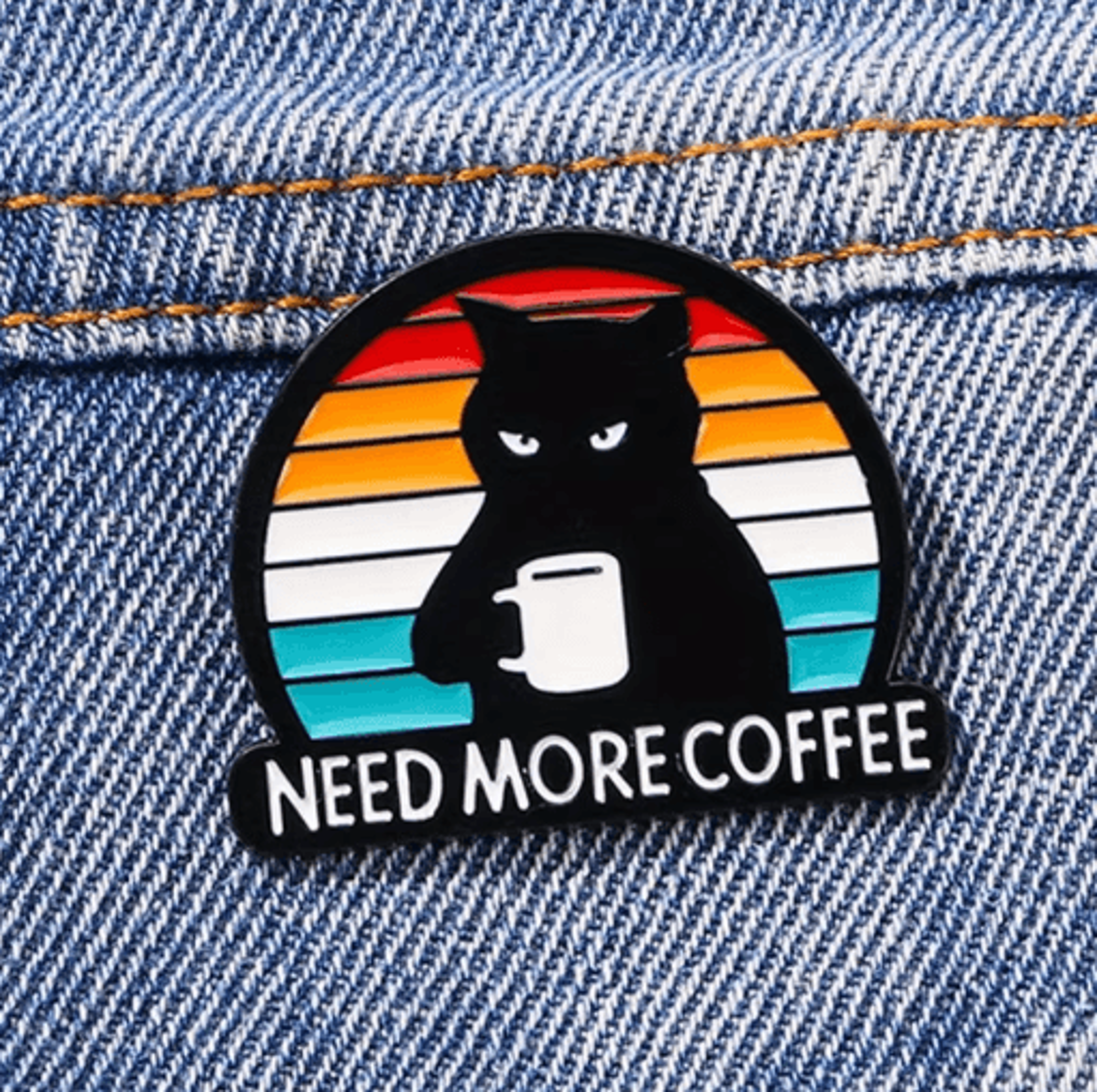 Funny Black Cat Coffee Pin Need More Coffee Cute Enamel Brooch Badge 0