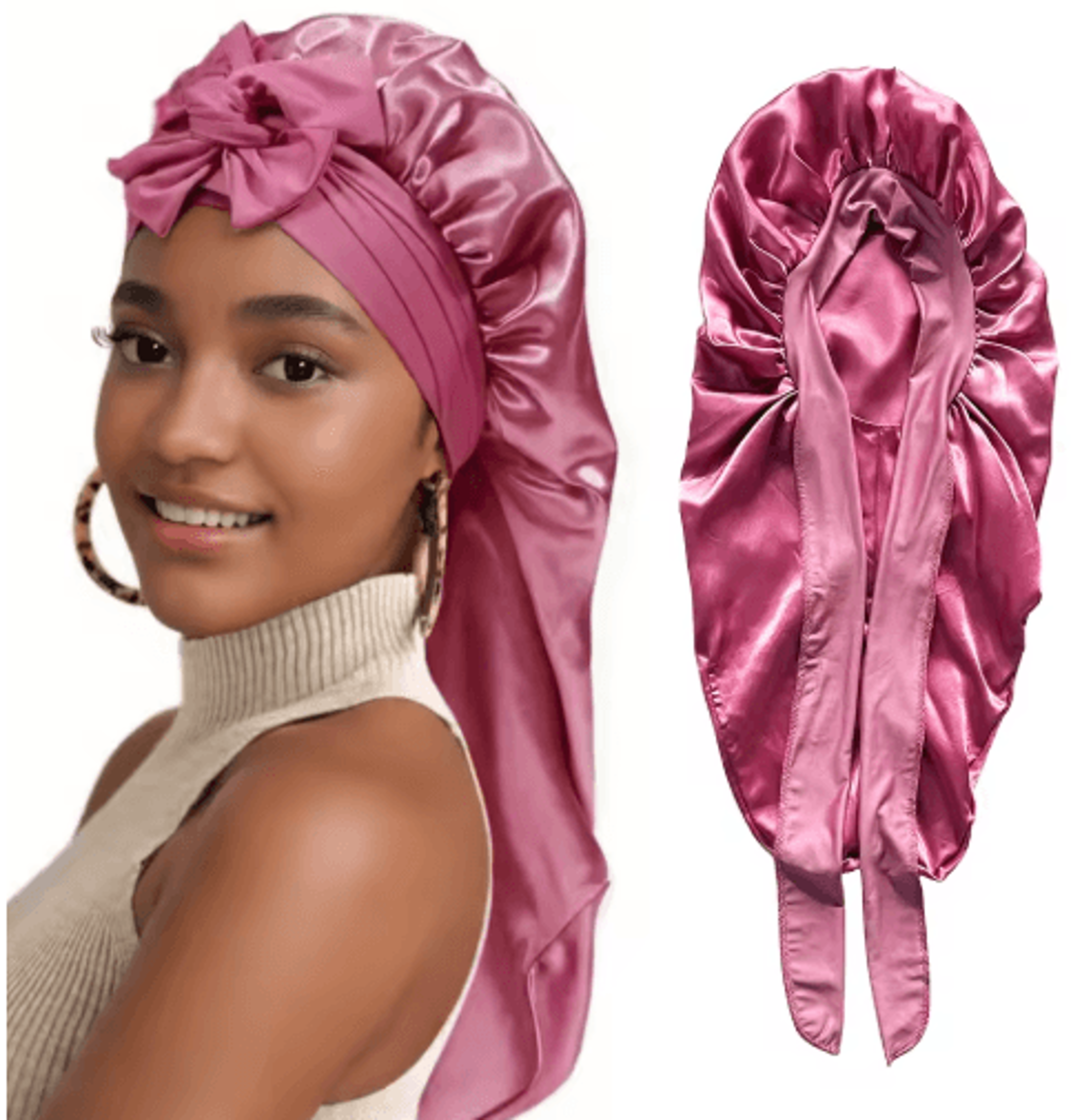 SilkEase Long Satin Bonnet  Elastic Headband Set For Overnight Hair Protection 0