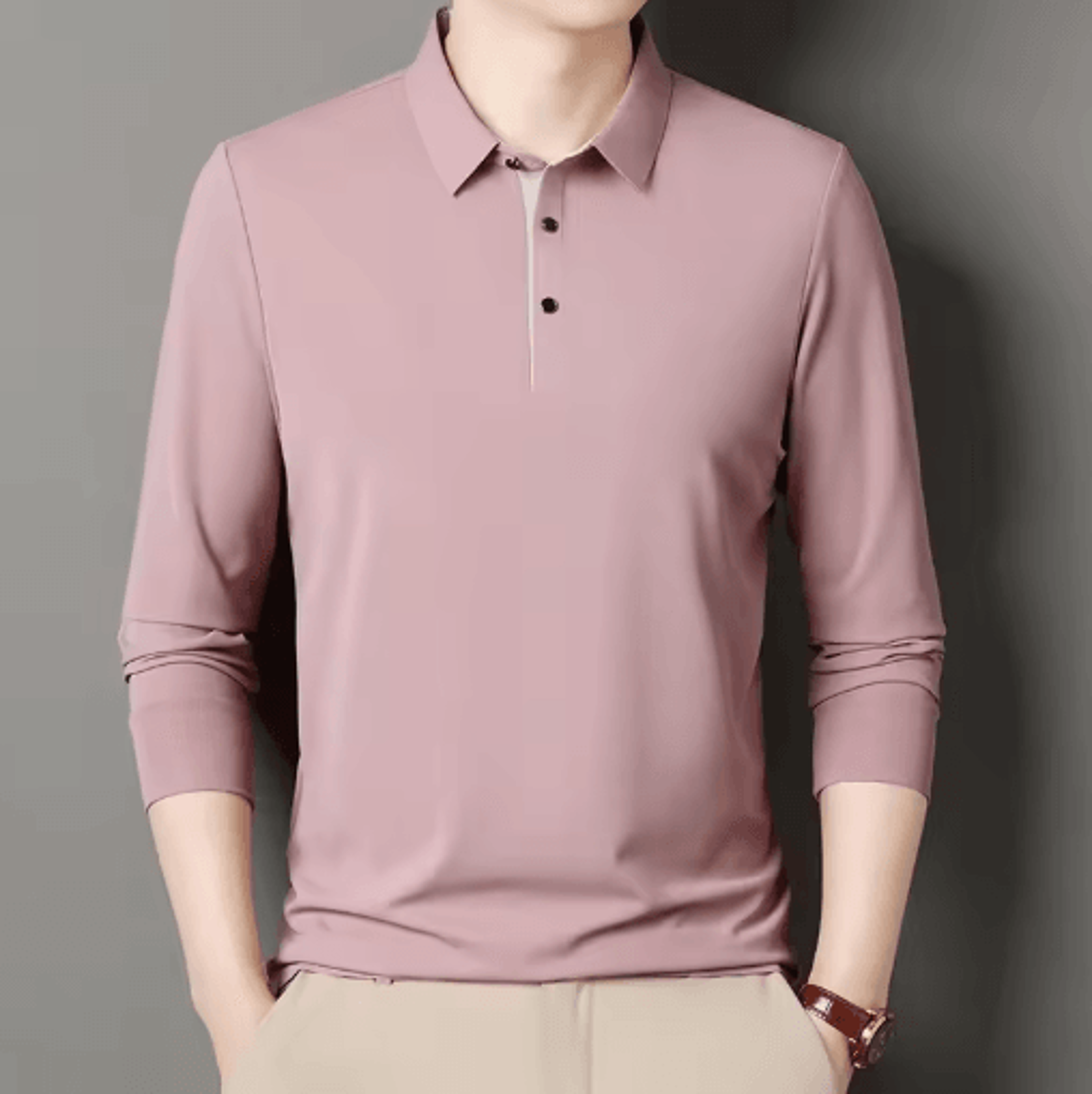 Mens Long Sleeve Polo Shirt 2025 Business Casual Breathable Solid Color Top 2