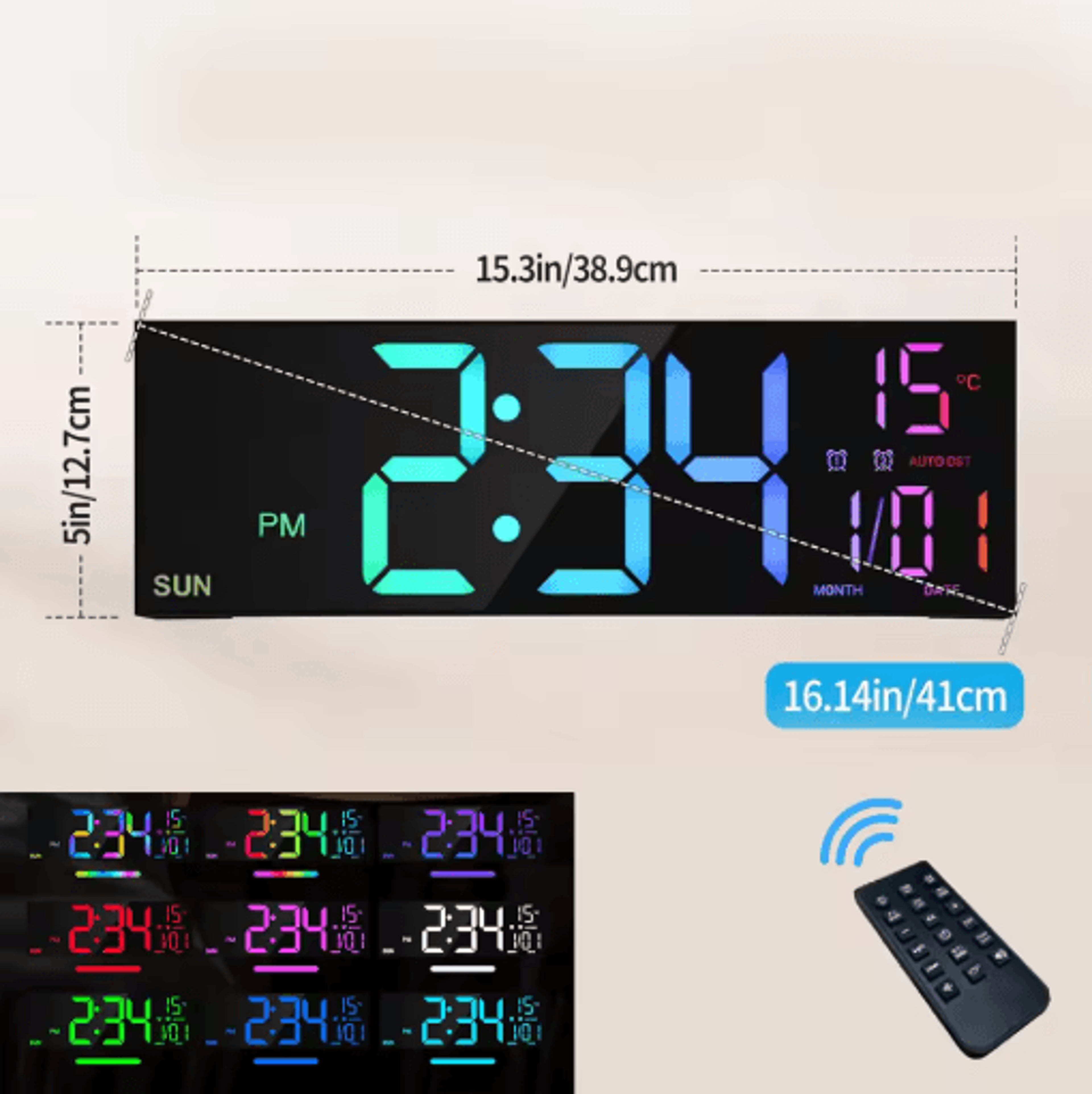 162 Large Digital Wall Clock LED RGB Display With Remote  Dual Alarm 1