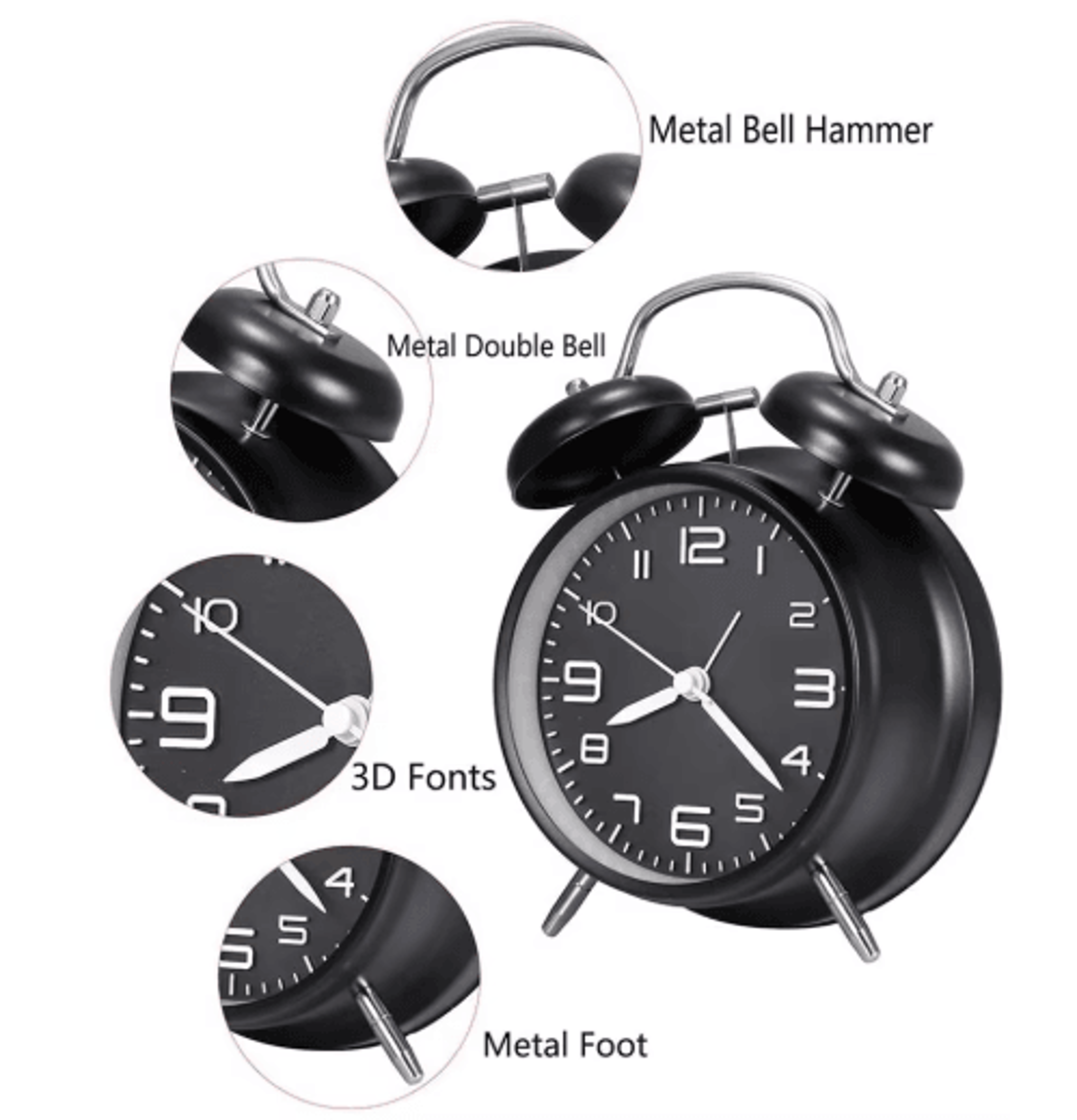 Classic Twin Bell Alarm Clock Loud Metal Desk Clock With Backlight Display 8