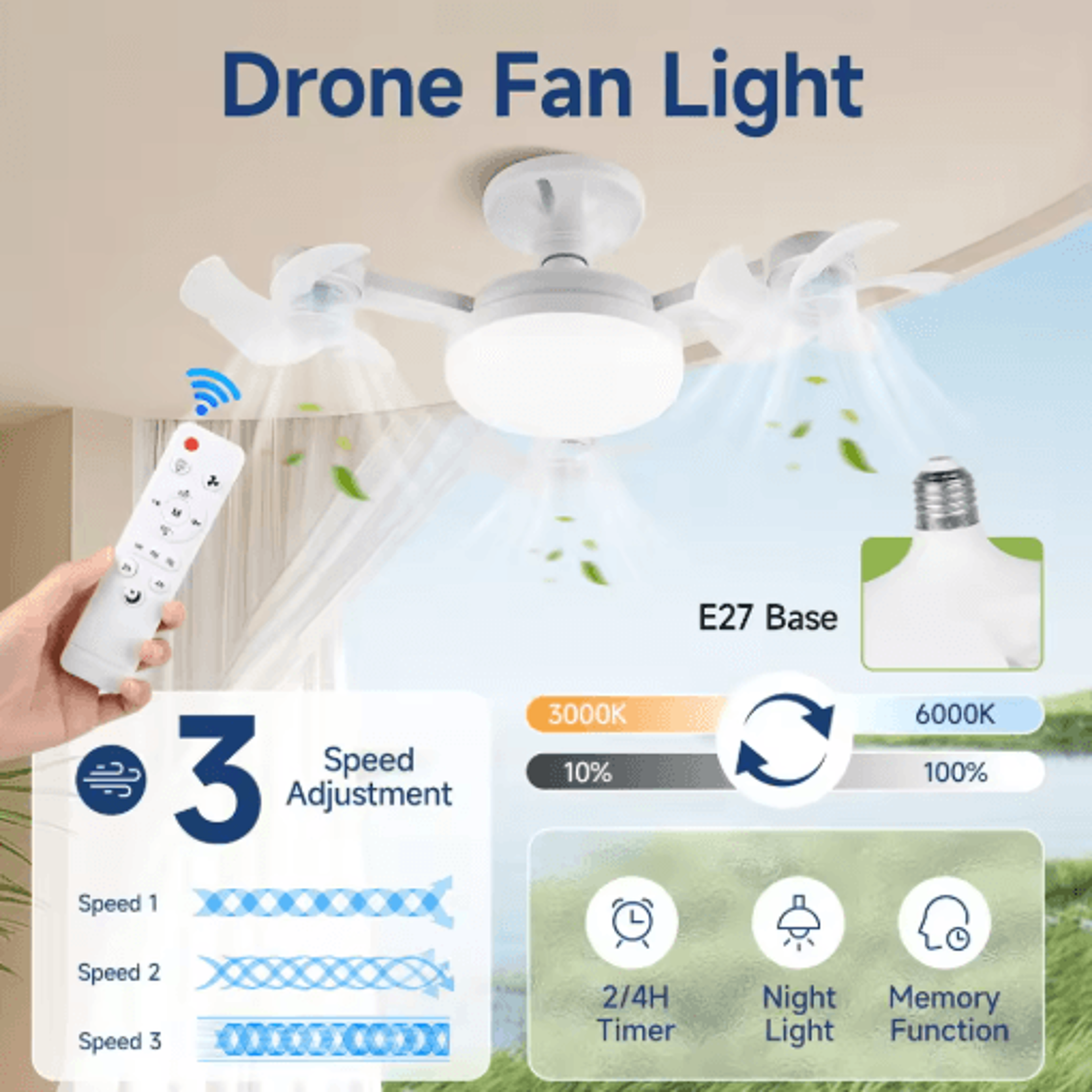 Modern LED Ceiling Fan With Light  Remote Control 3Speed Adjustable Fan Light 4