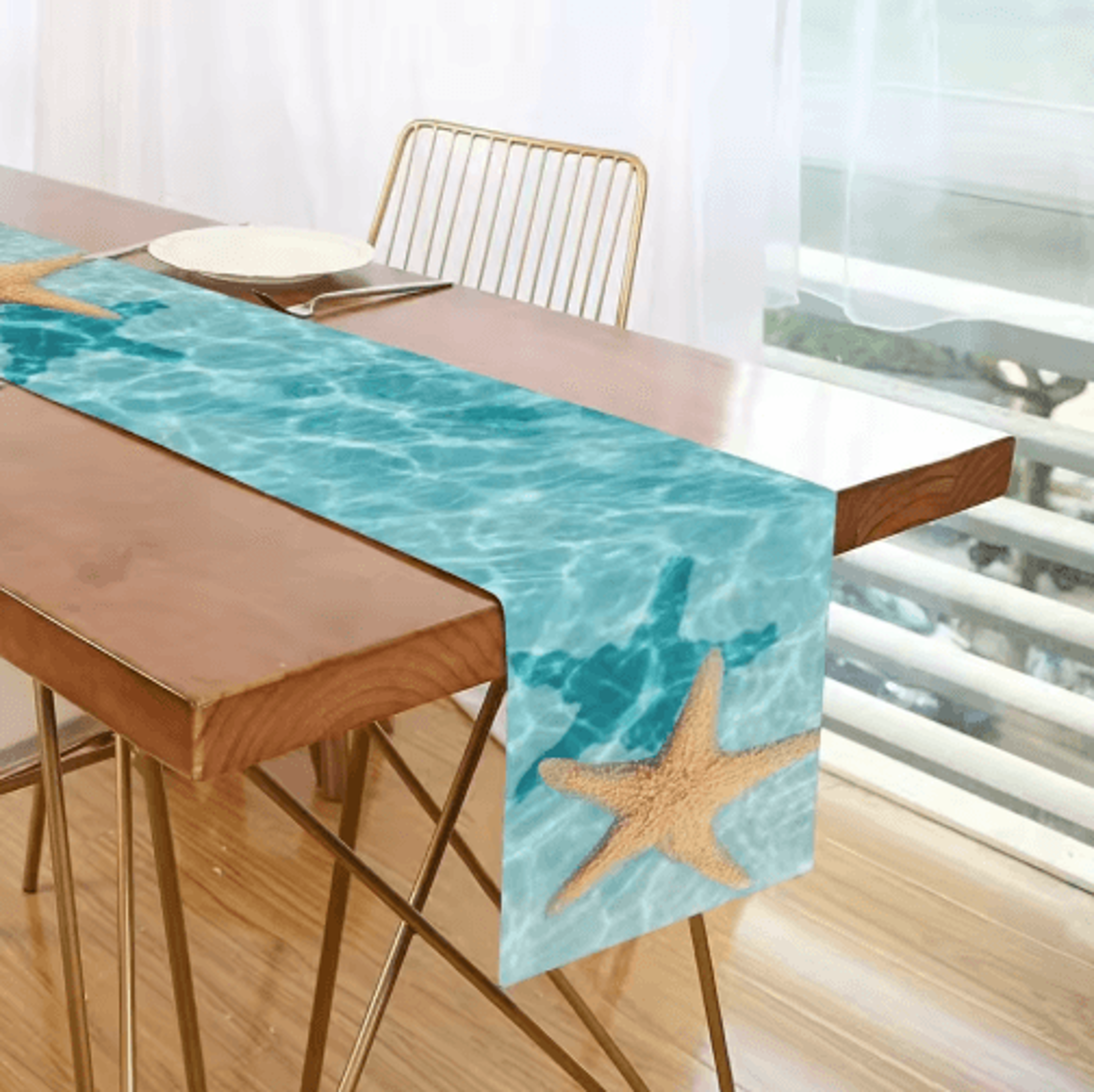 Watercolor Starfish Ocean Table Runner  Coastal Linen Table Decor For Dining  Parties 0