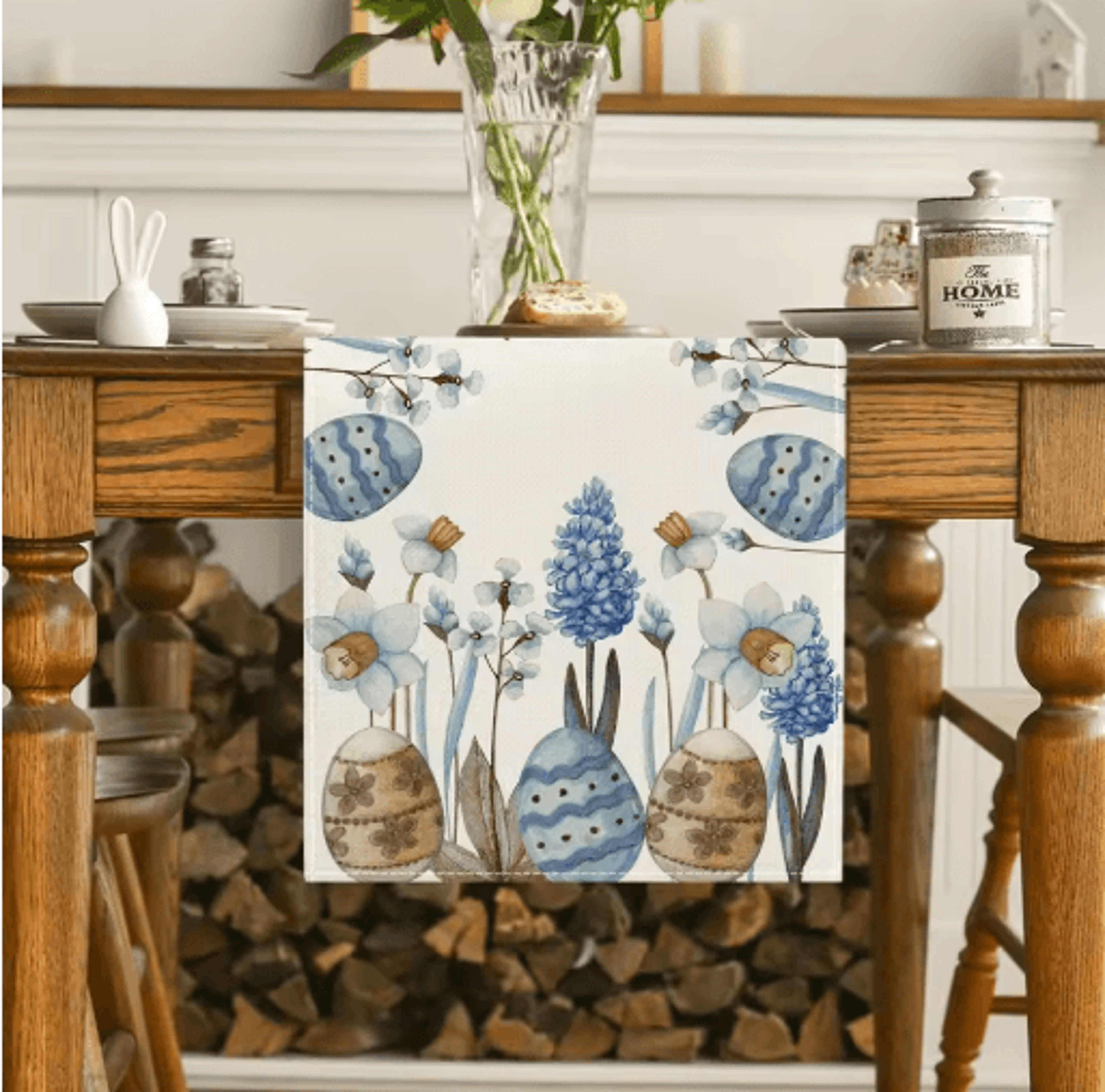 Easter Blue Eggs Floral Linen Table Runner Spring Botanical Table Decor 4